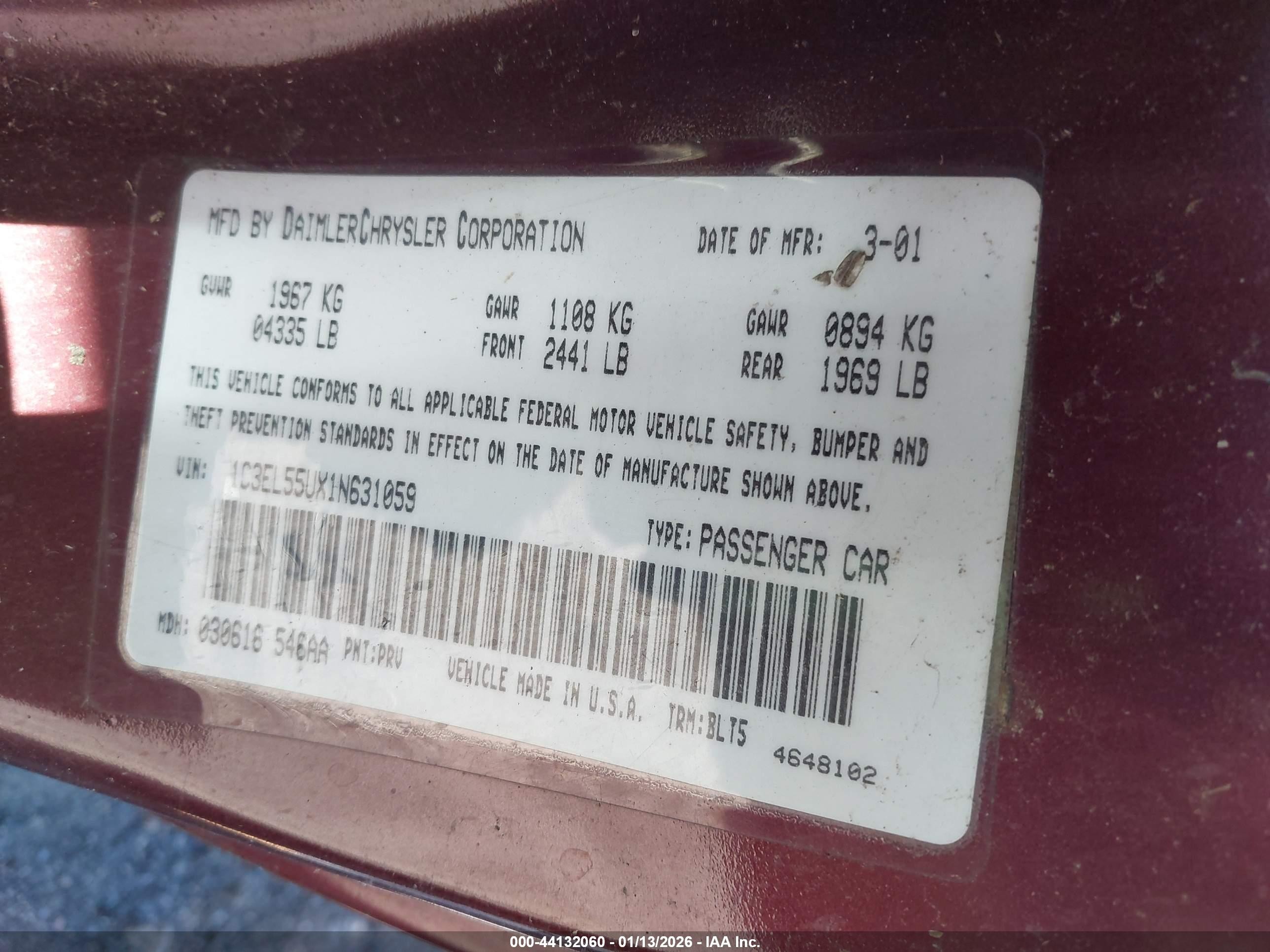 2001 Chrysler Sebring Lxi Burgundy vin: 1C3EL55UX1N631059