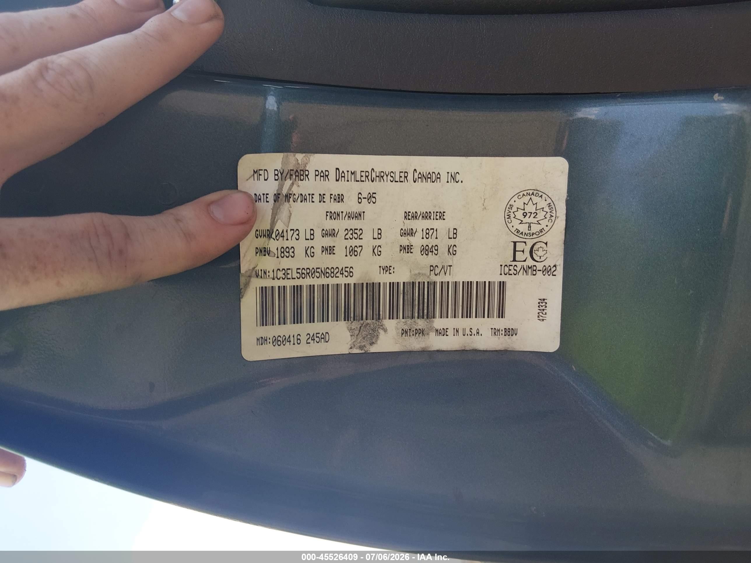 2005 Chrysler Sebring Touring Blue vin: 1C3EL56R05N682456