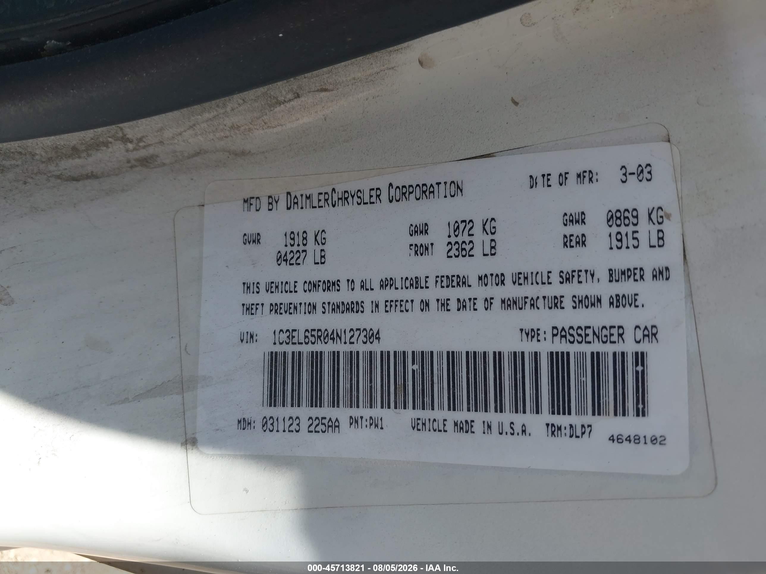 2004 Chrysler Sebring Limited White vin: 1C3EL65R04N127304