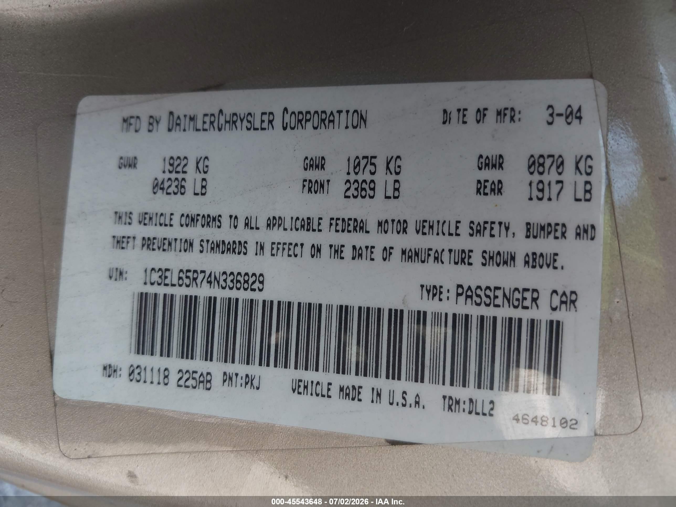 2004 Chrysler Sebring Limited Gold vin: 1C3EL65R74N336829
