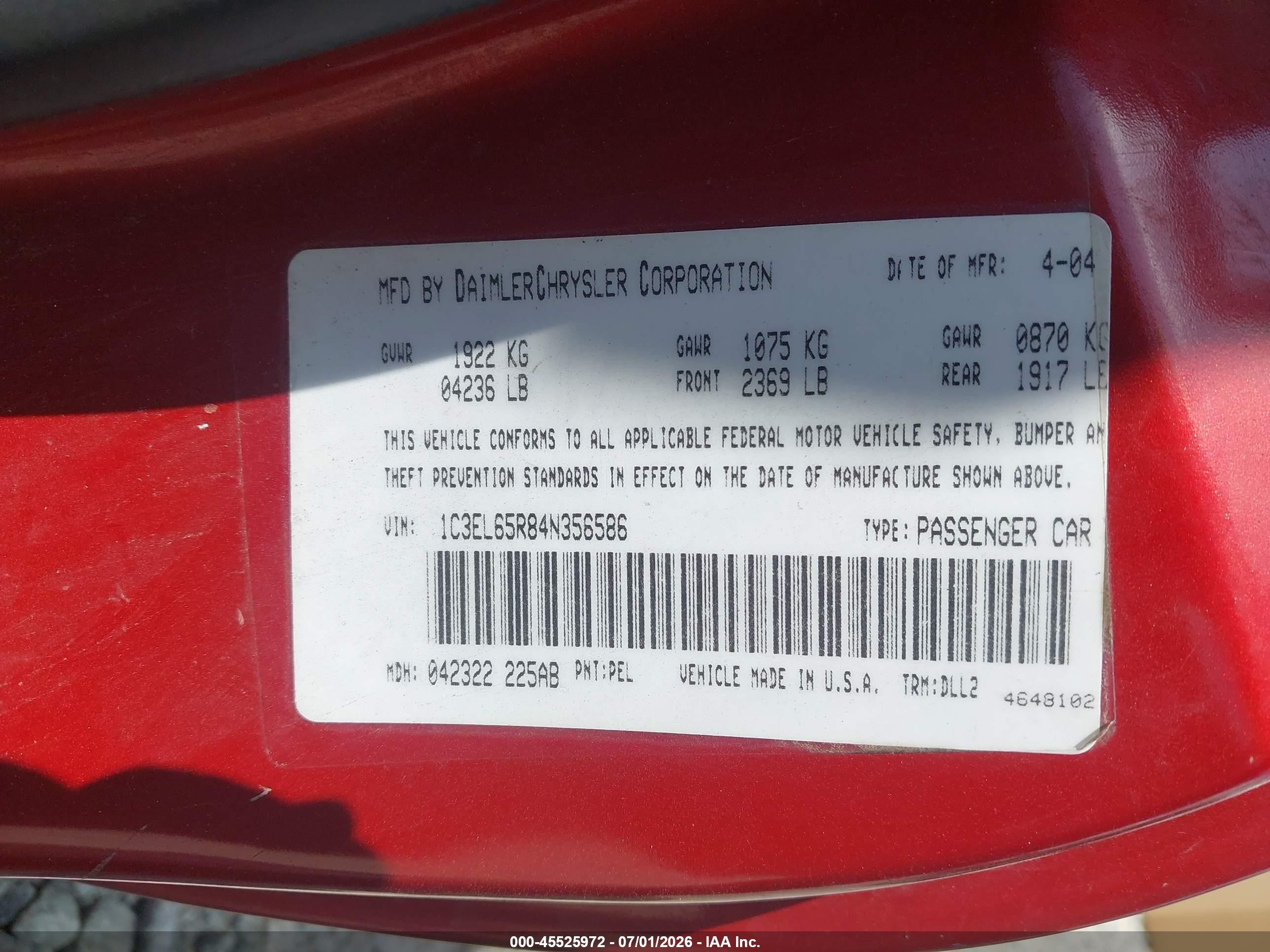 2004 Chrysler Sebring Limited Red vin: 1C3EL65R84N356586