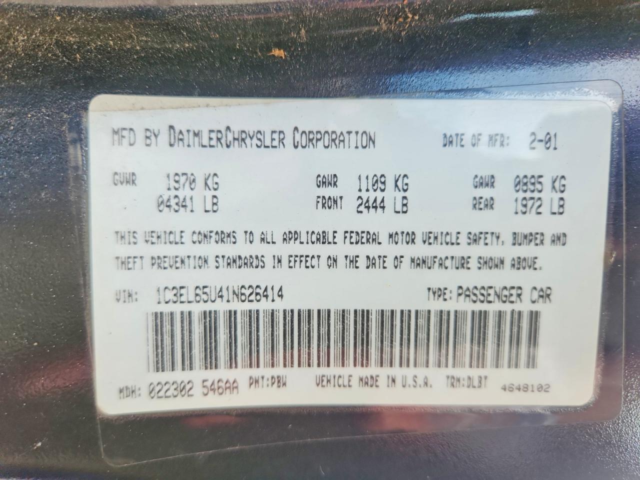 2001 Chrysler Sebring Limited Blue vin: 1C3EL65U41N626414