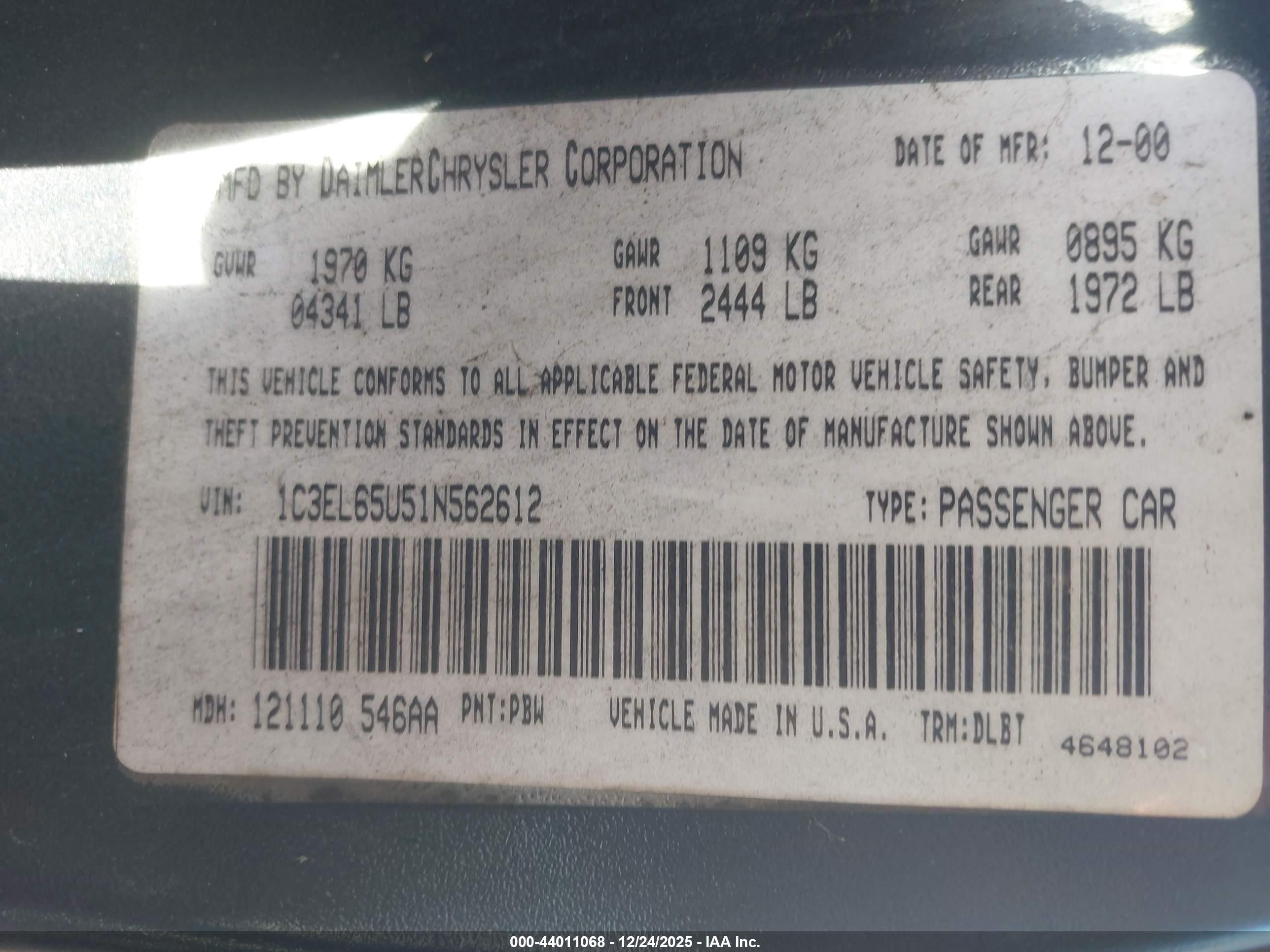 2001 Chrysler Sebring Limited Blue vin: 1C3EL65U51N562612