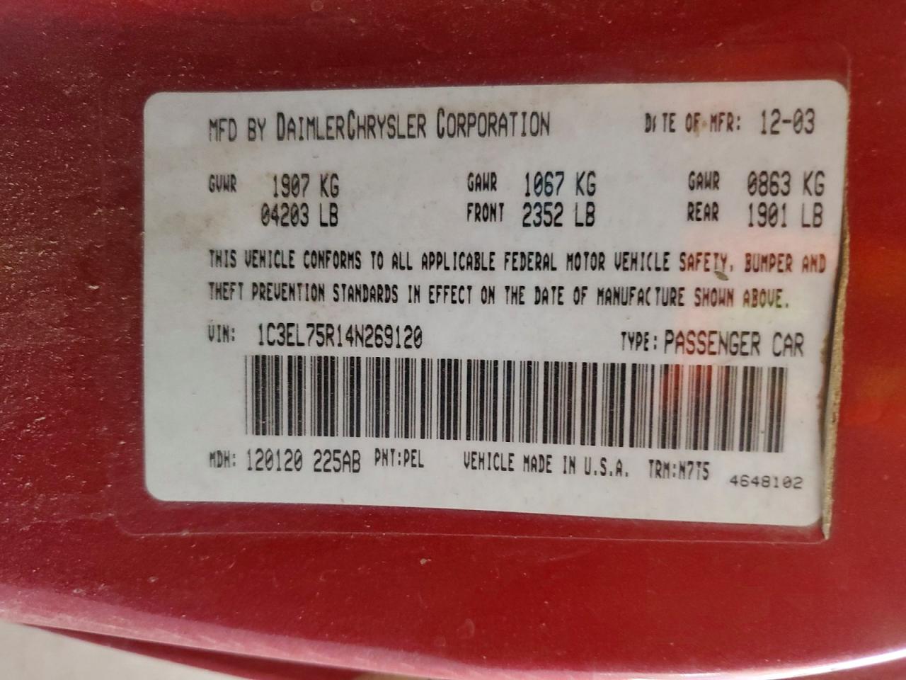 2004 Chrysler Sebring Gtc Red vin: 1C3EL75R14N269120