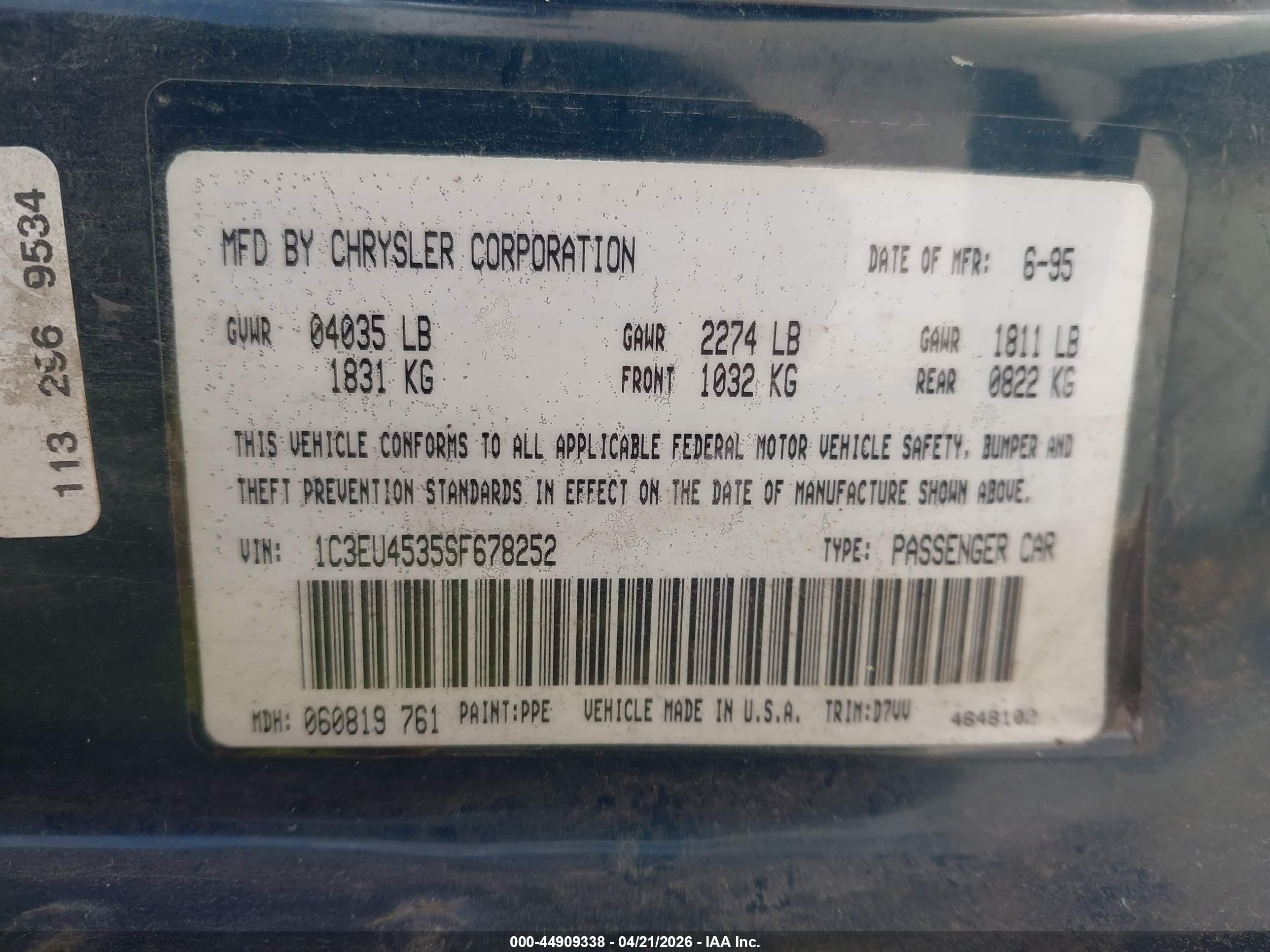 1995 Chrysler Lebaron Gtc Gray vin: 1C3EU4535SF678252