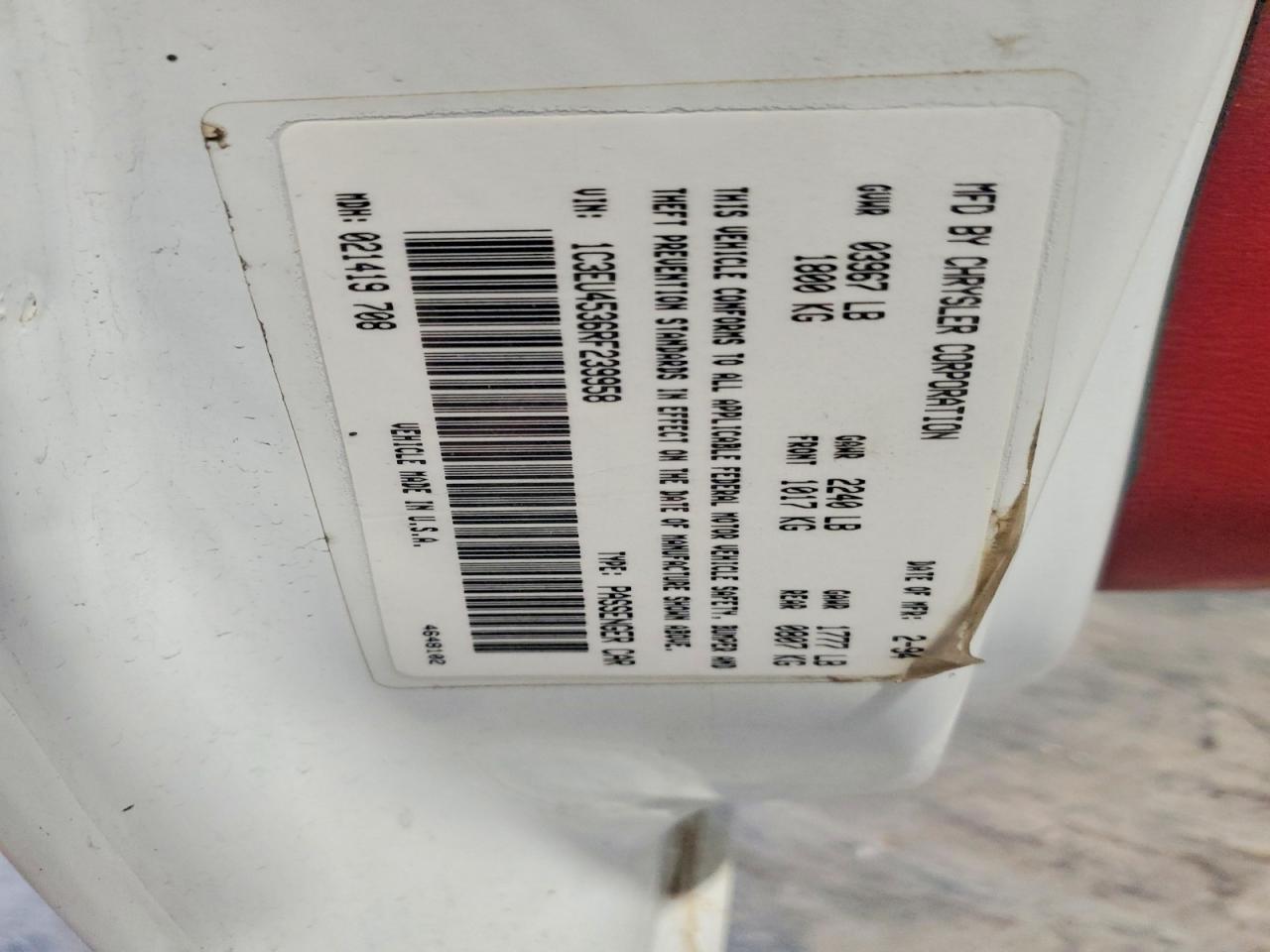 1994 Chrysler Lebaron Base White vin: 1C3EU4536RF239958