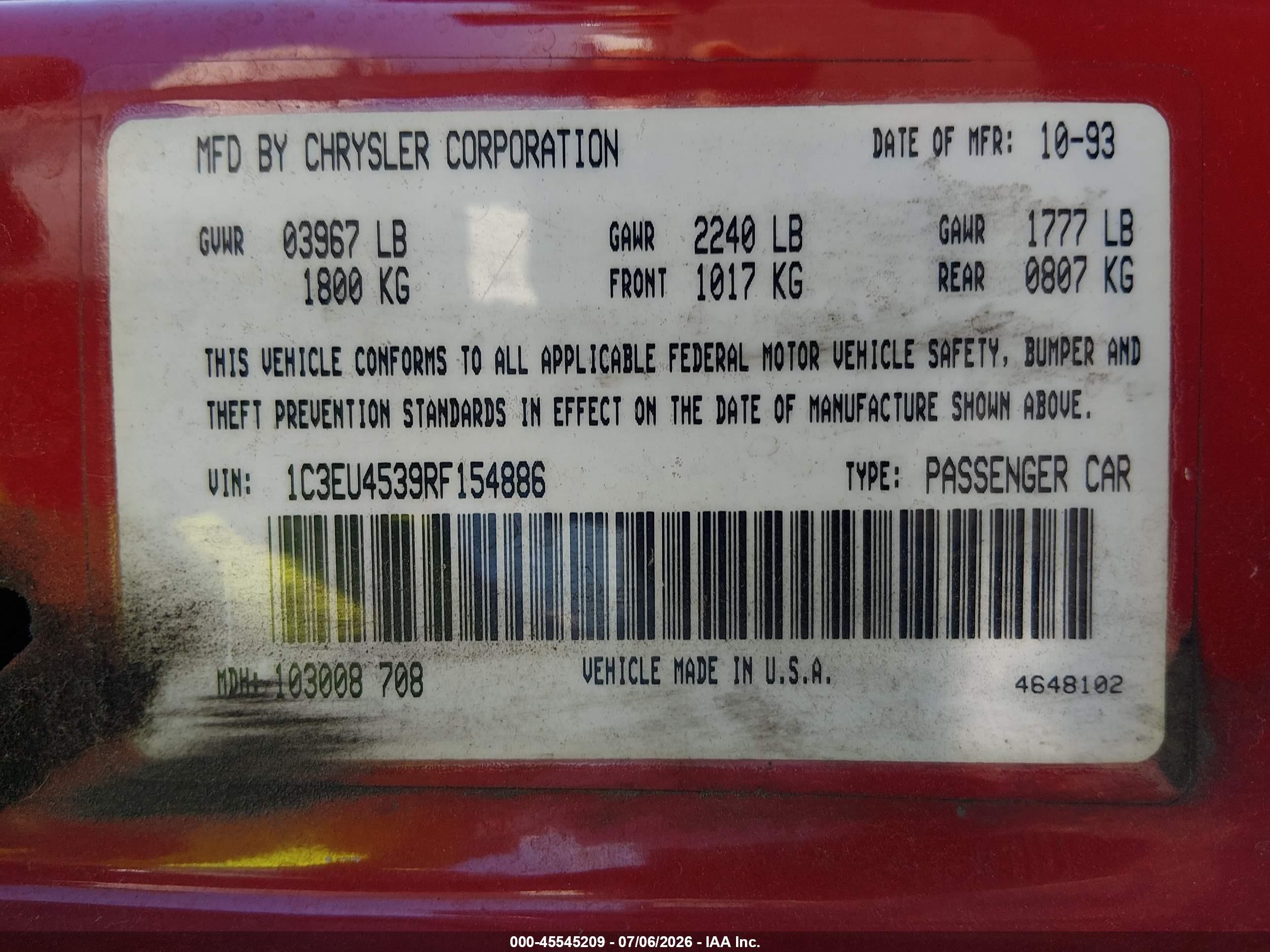 1994 Chrysler Lebaron Gtc/lx Red vin: 1C3EU4539RF154886