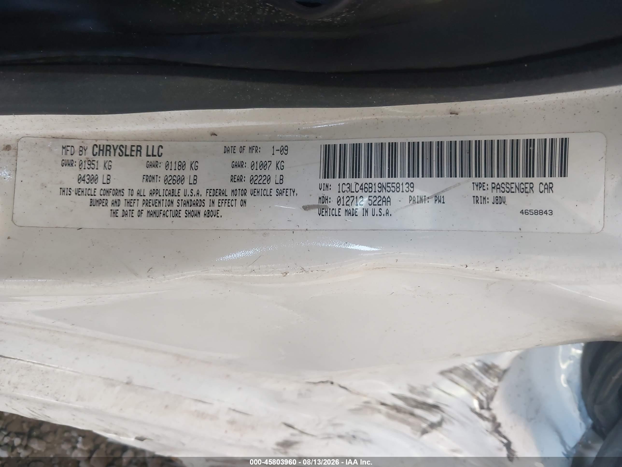 2009 Chrysler Sebring Lx White vin: 1C3LC46B19N558139
