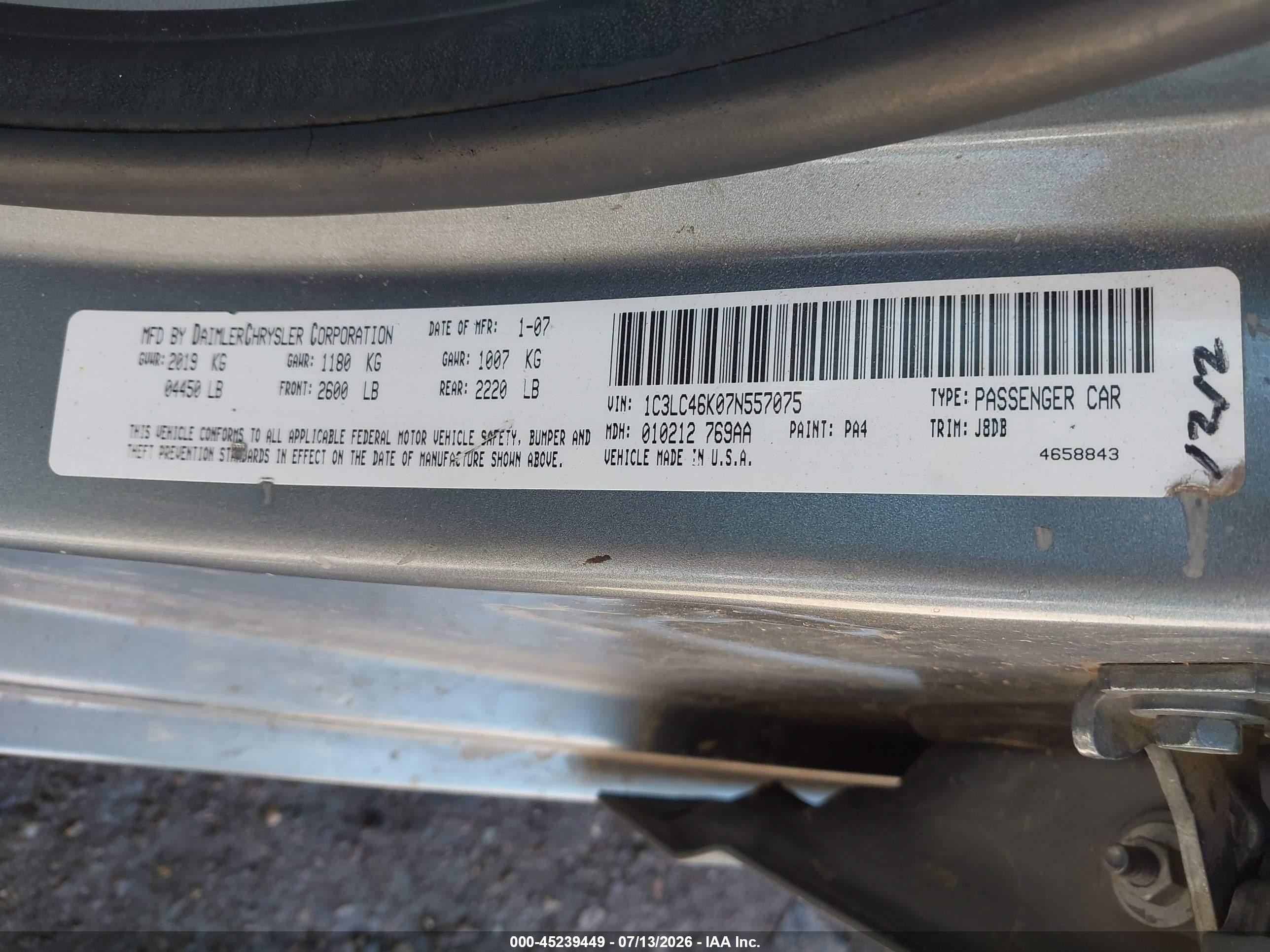 2007 Chrysler Sebring   Gray vin: 1C3LC46K07N557075