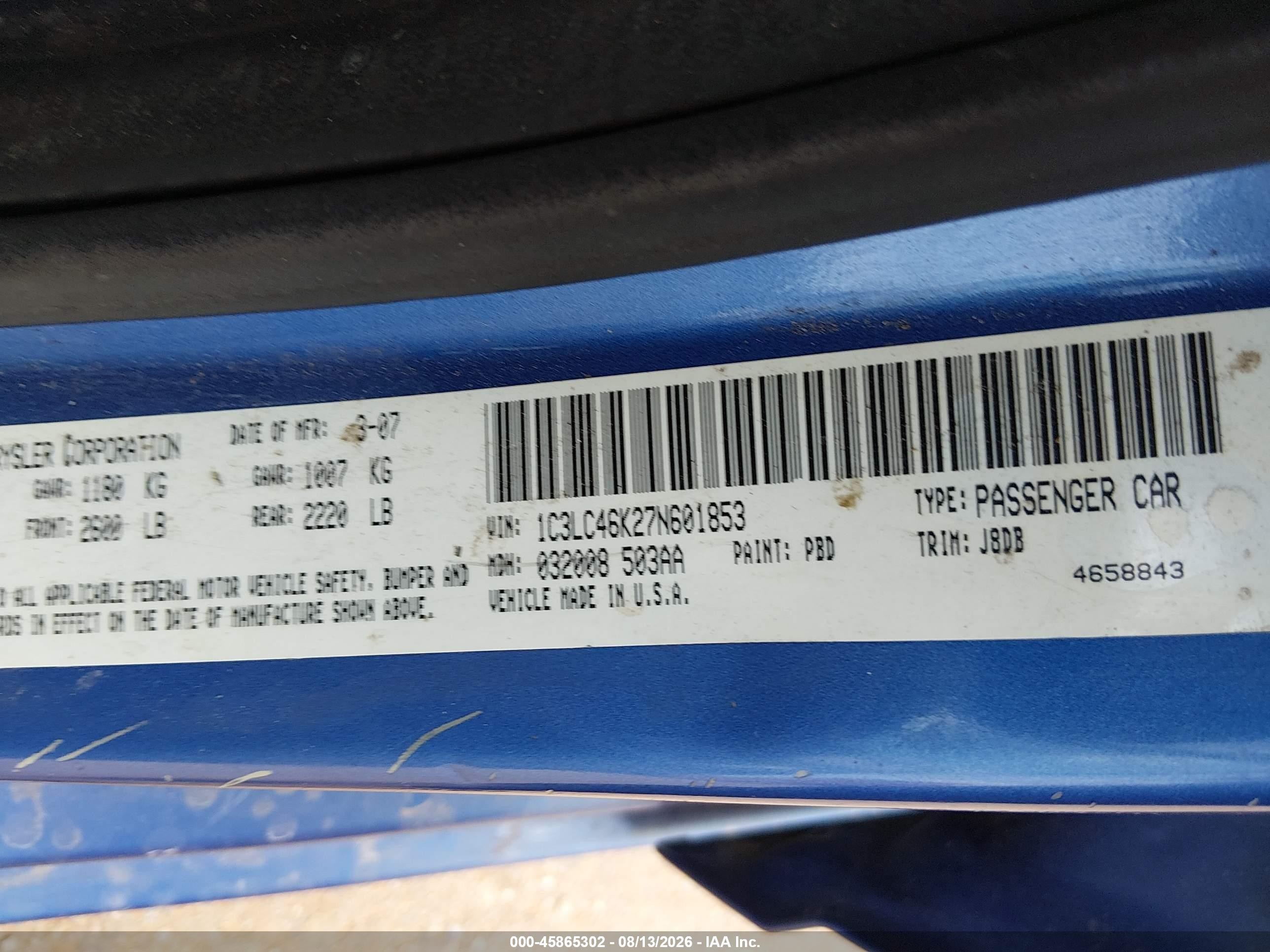 2007 Chrysler Sebring   Blue vin: 1C3LC46K27N601853