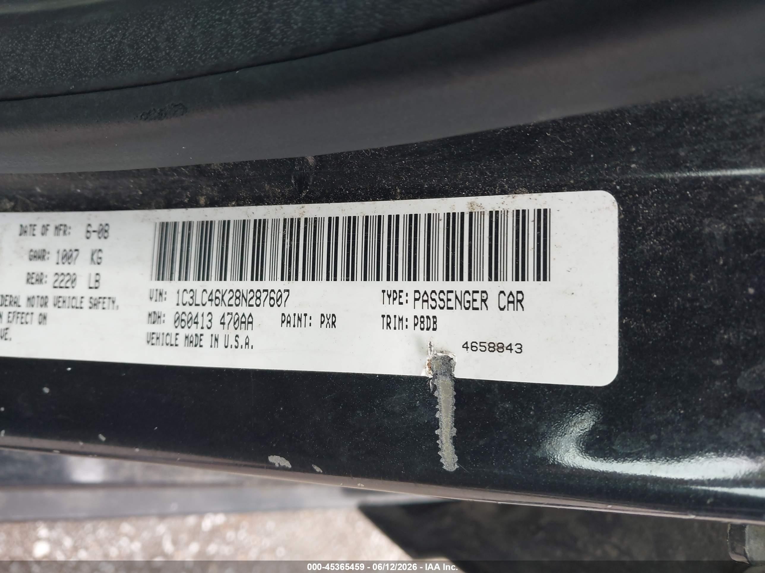 2008 Chrysler Sebring Lx Black vin: 1C3LC46K28N287607