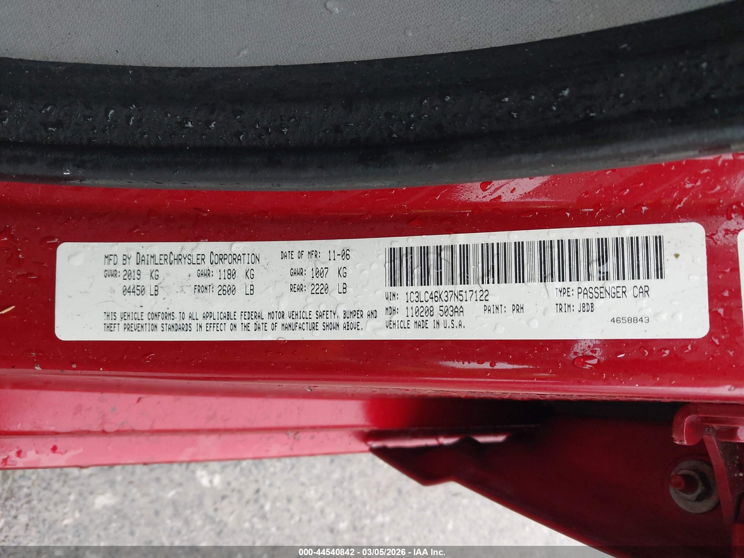 2007 Chrysler Sebring   Red vin: 1C3LC46K37N517122
