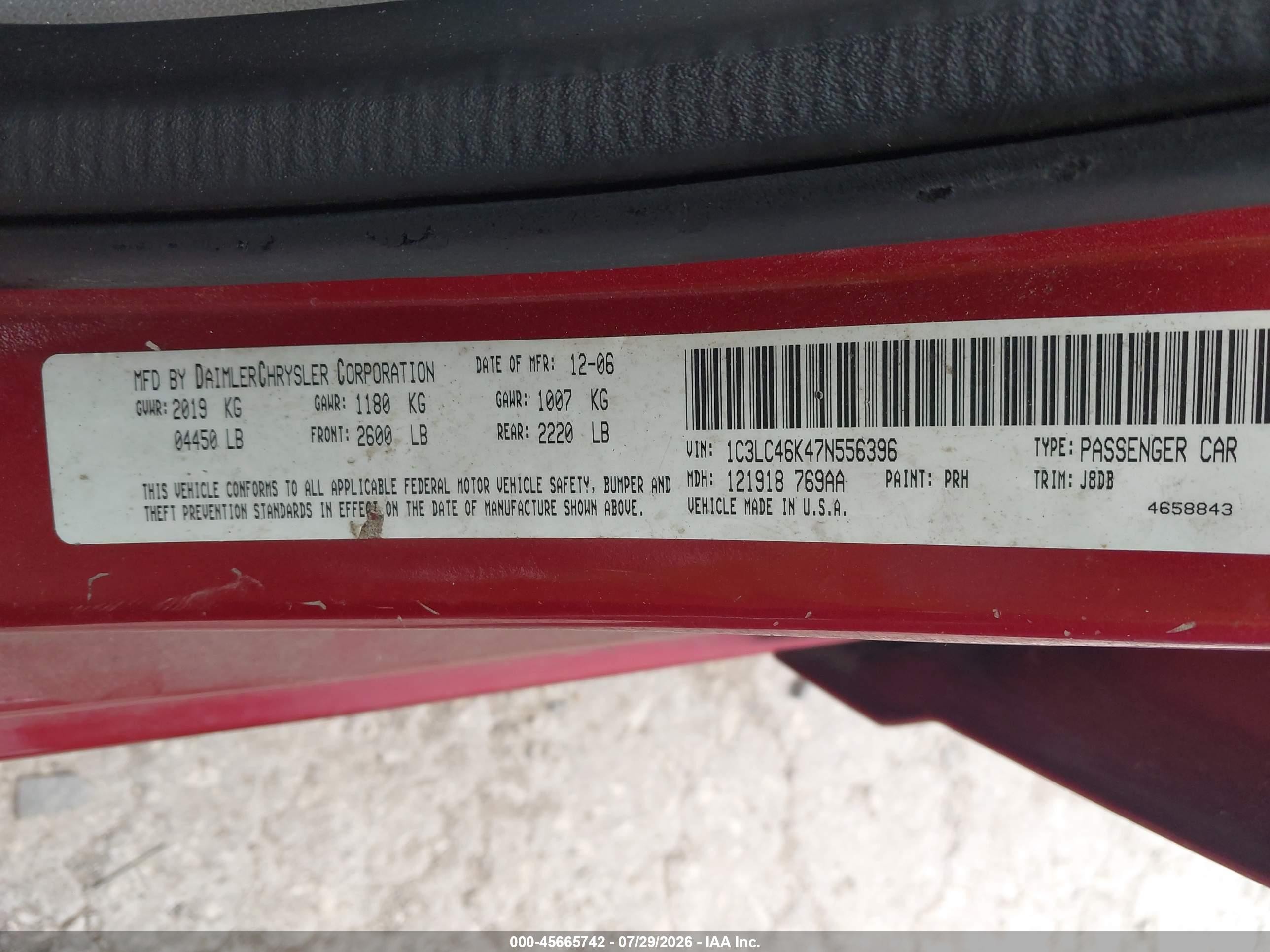 2007 Chrysler Sebring   Red vin: 1C3LC46K47N556396