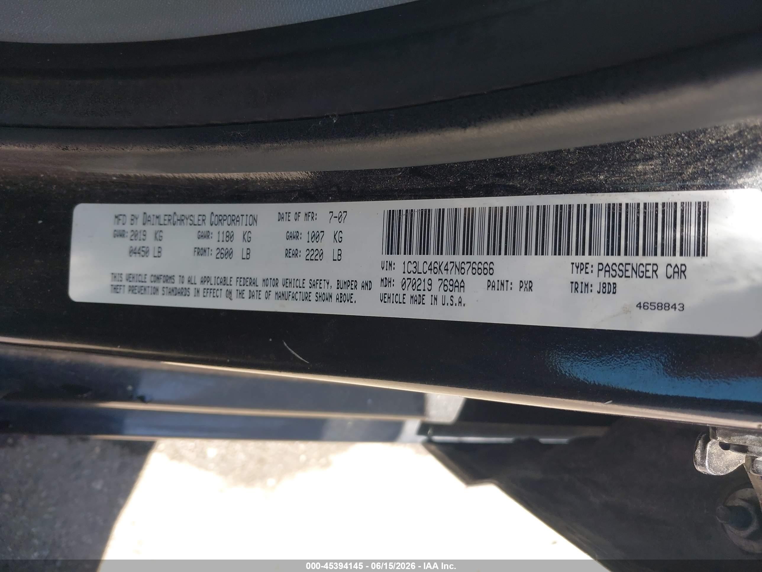 2007 Chrysler Sebring   Black vin: 1C3LC46K47N676666