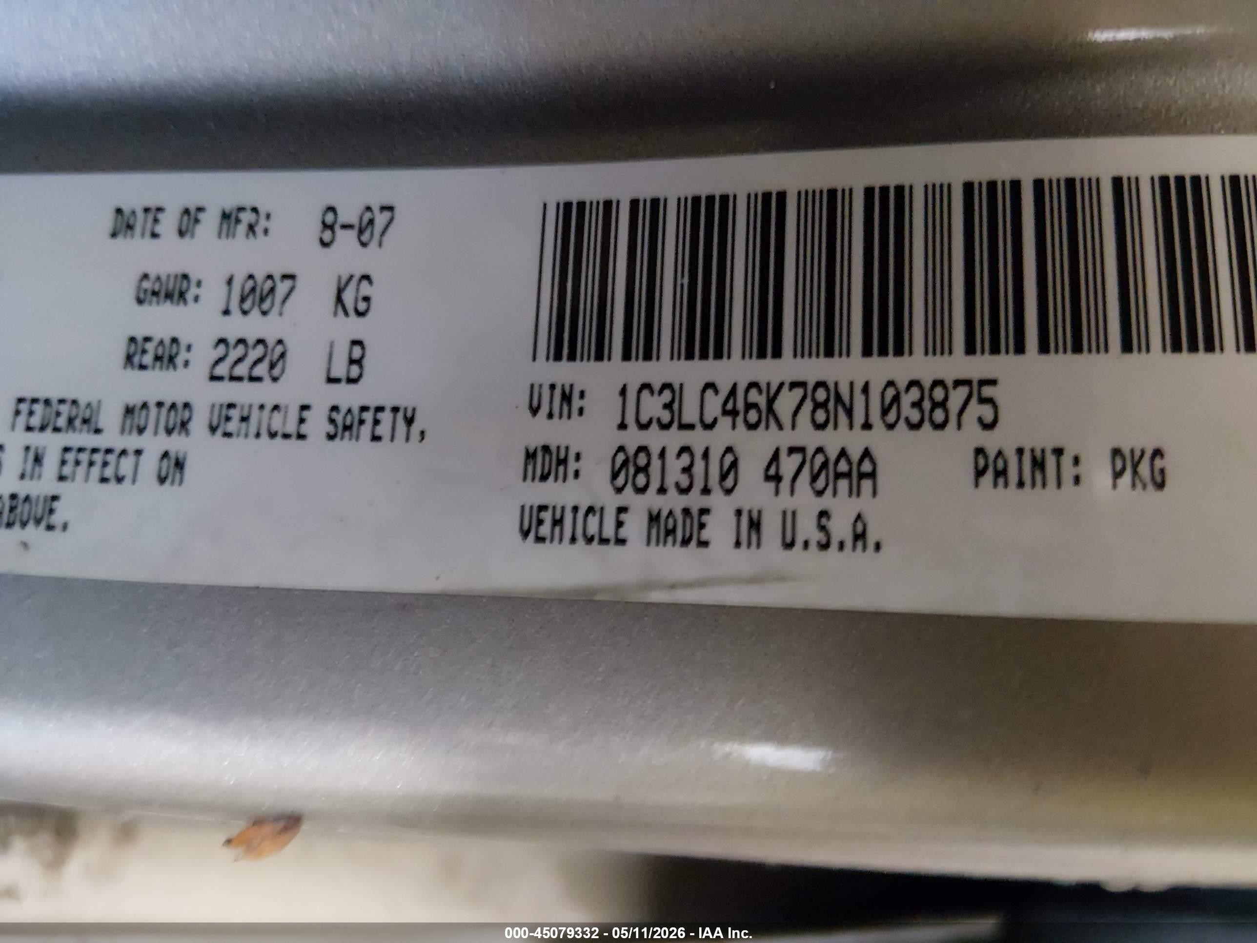 2008 Chrysler Sebring Lx Gold vin: 1C3LC46K78N103875
