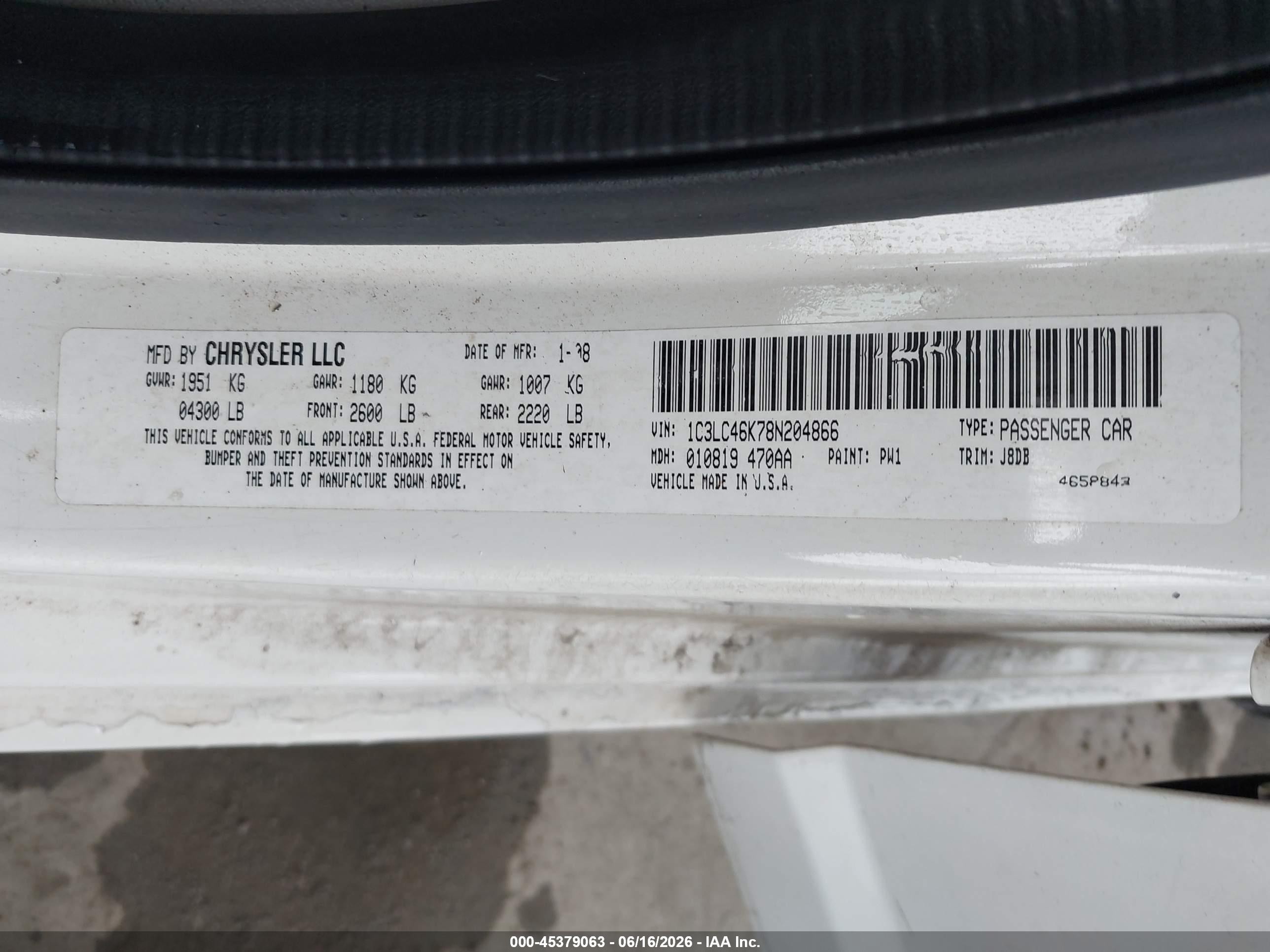 2008 Chrysler Sebring Lx White vin: 1C3LC46K78N204866