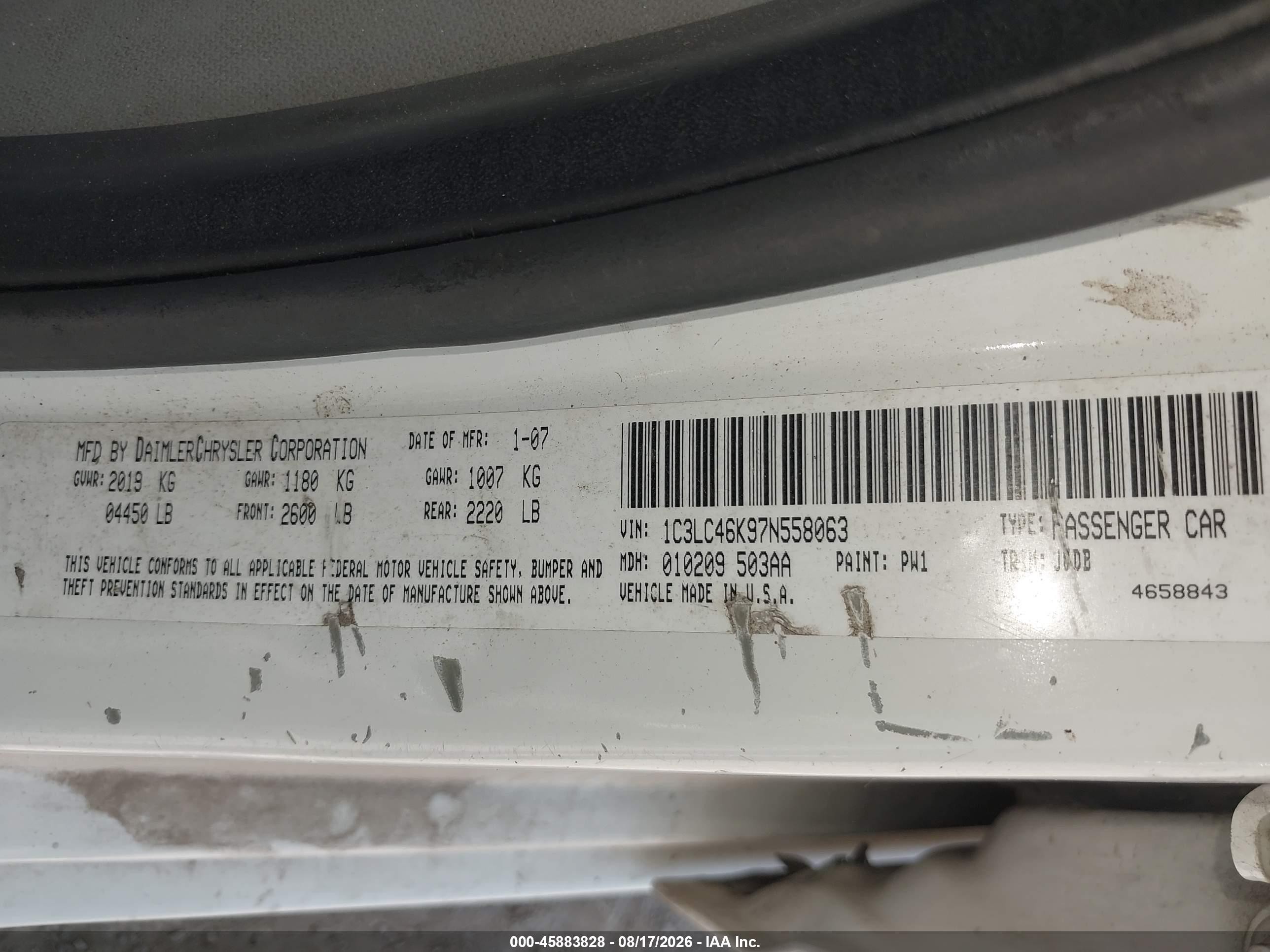 2007 Chrysler Sebring White vin: 1C3LC46K97N558063