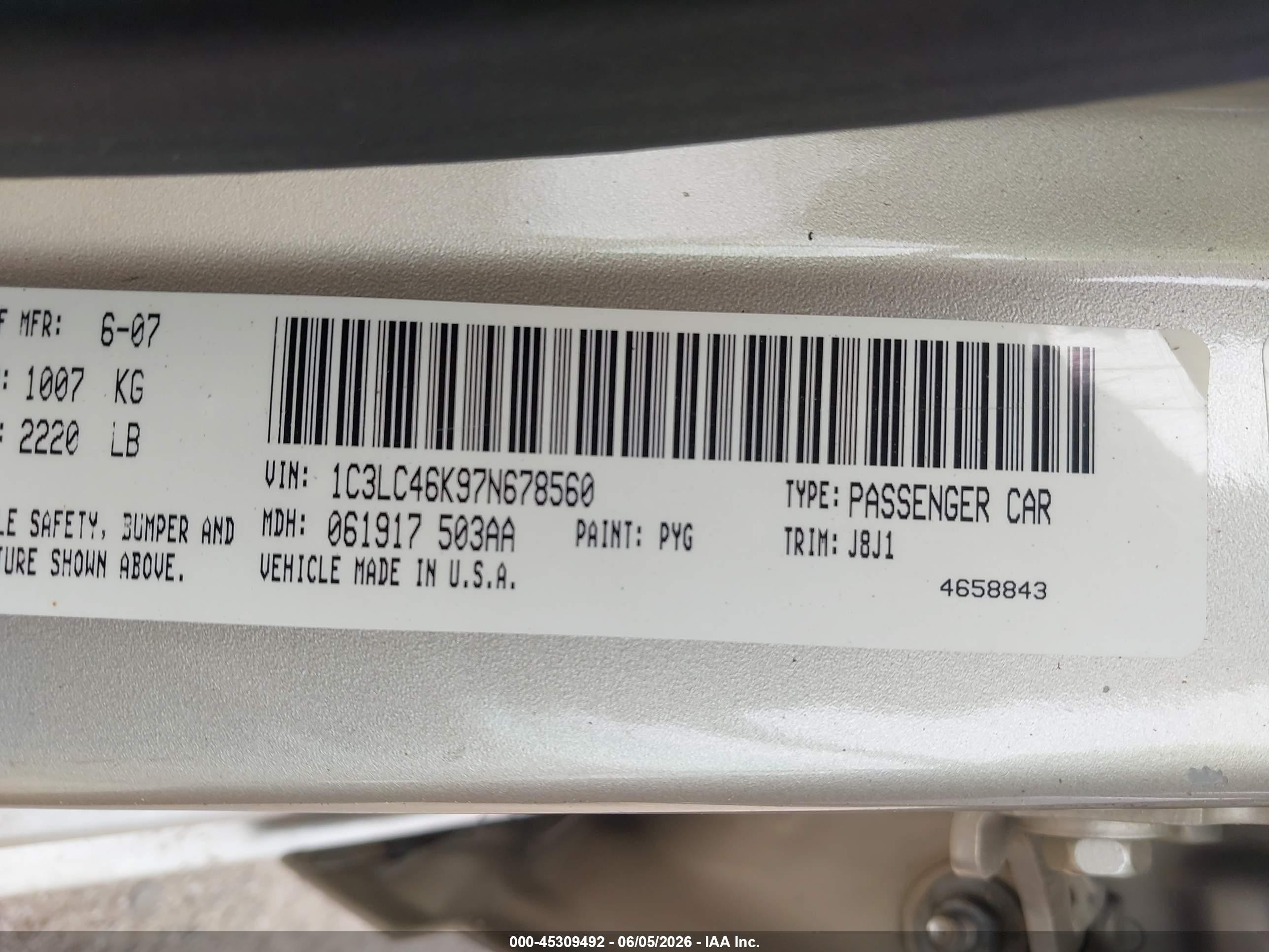 2007 Chrysler Sebring   Gold vin: 1C3LC46K97N678560