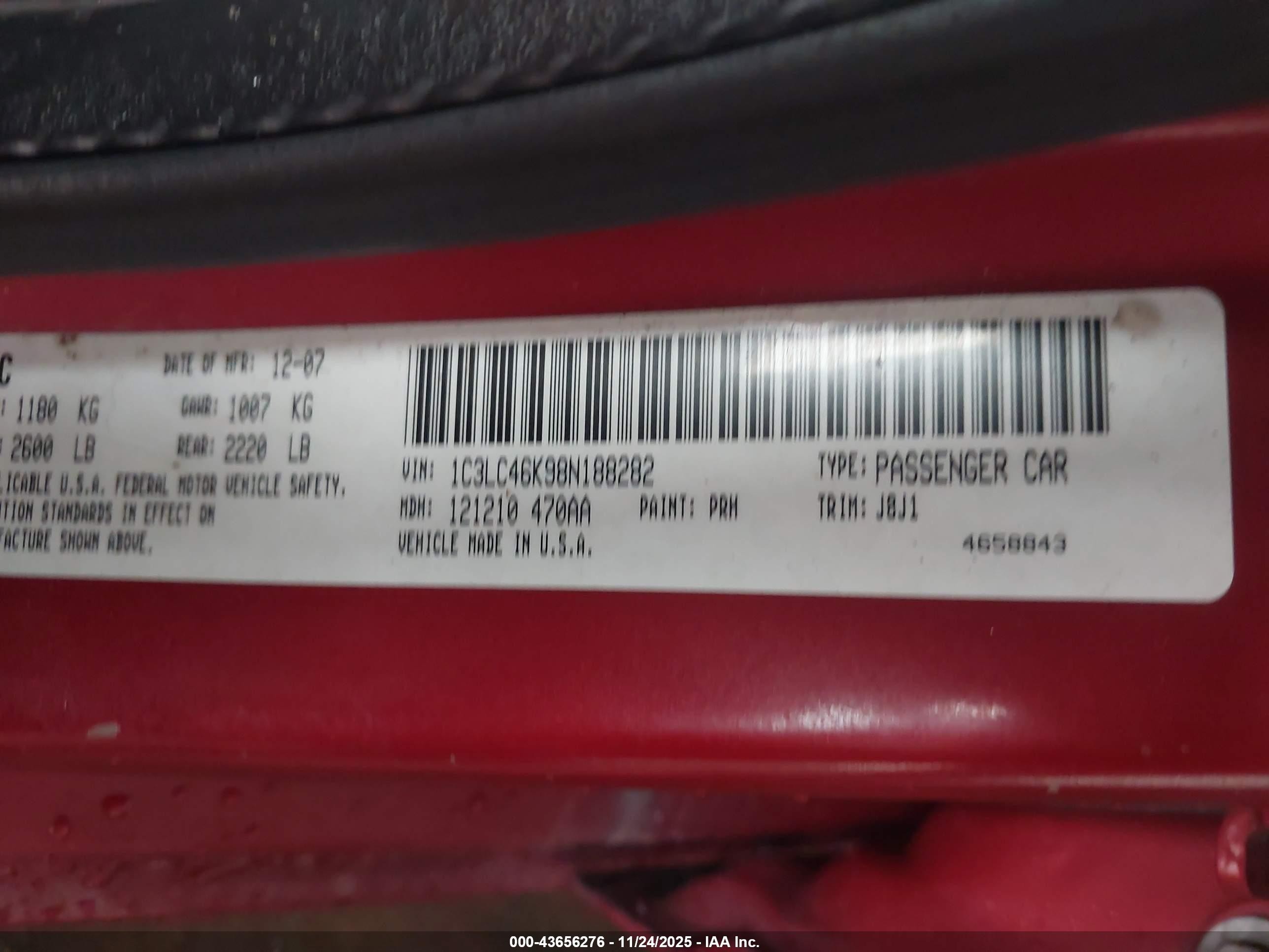 2008 Chrysler Sebring Lx Red vin: 1C3LC46K98N188282