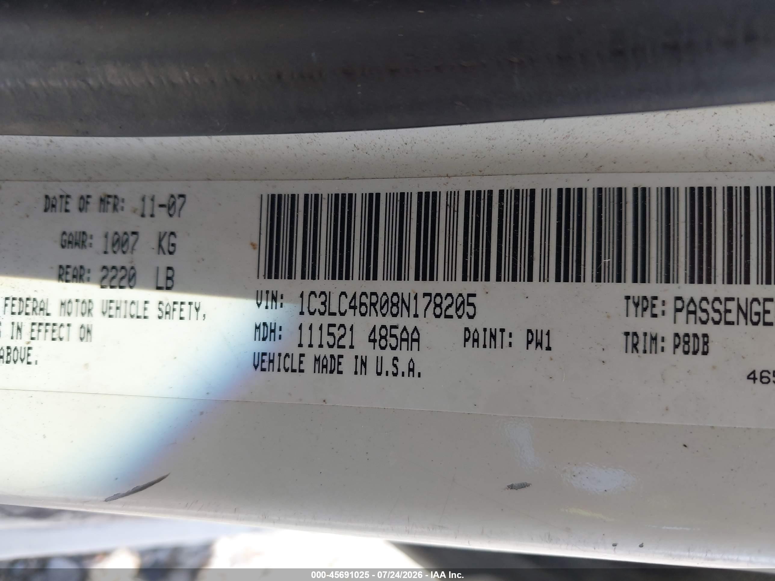 2008 Chrysler Sebring Lx White vin: 1C3LC46R08N178205