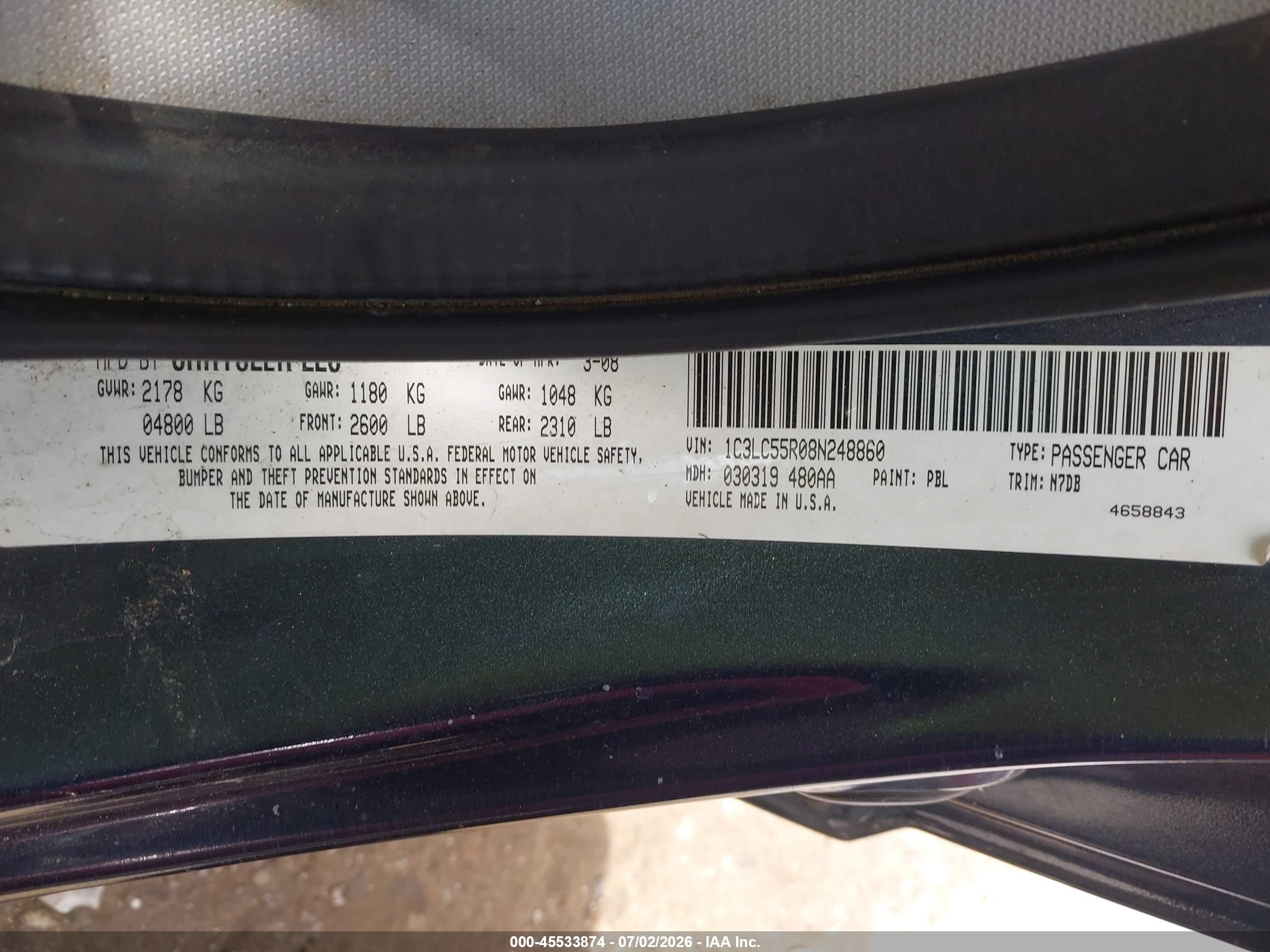 2008 Chrysler Sebring Touring Blue vin: 1C3LC55R08N248860