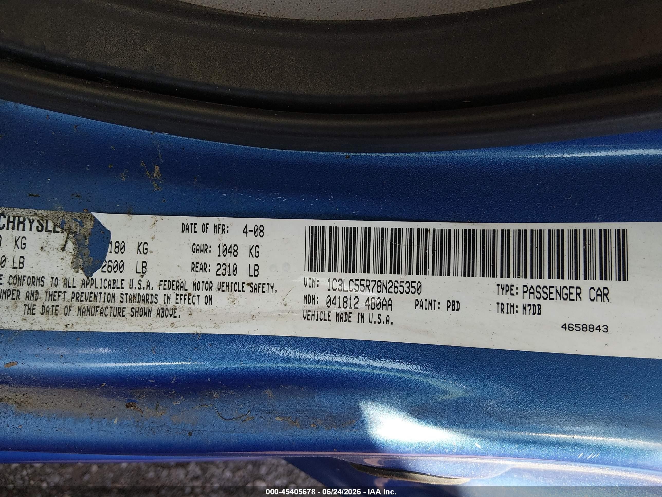 2008 Chrysler Sebring Touring Blue vin: 1C3LC55R78N265350