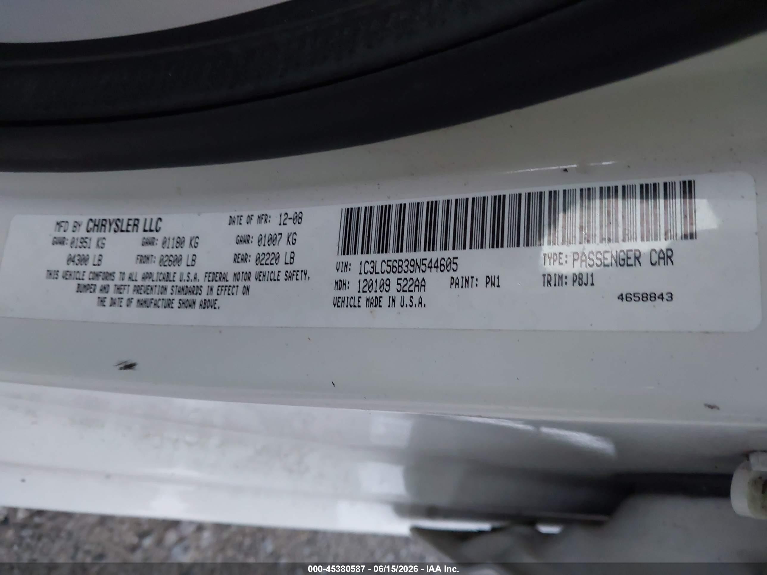2009 Chrysler Sebring Touring White vin: 1C3LC56B39N544605
