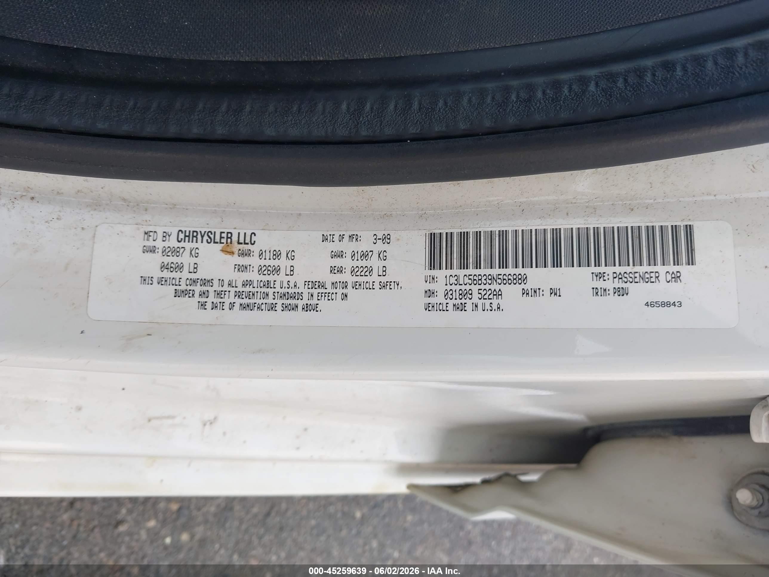 2009 Chrysler Sebring Touring White vin: 1C3LC56B39N566880