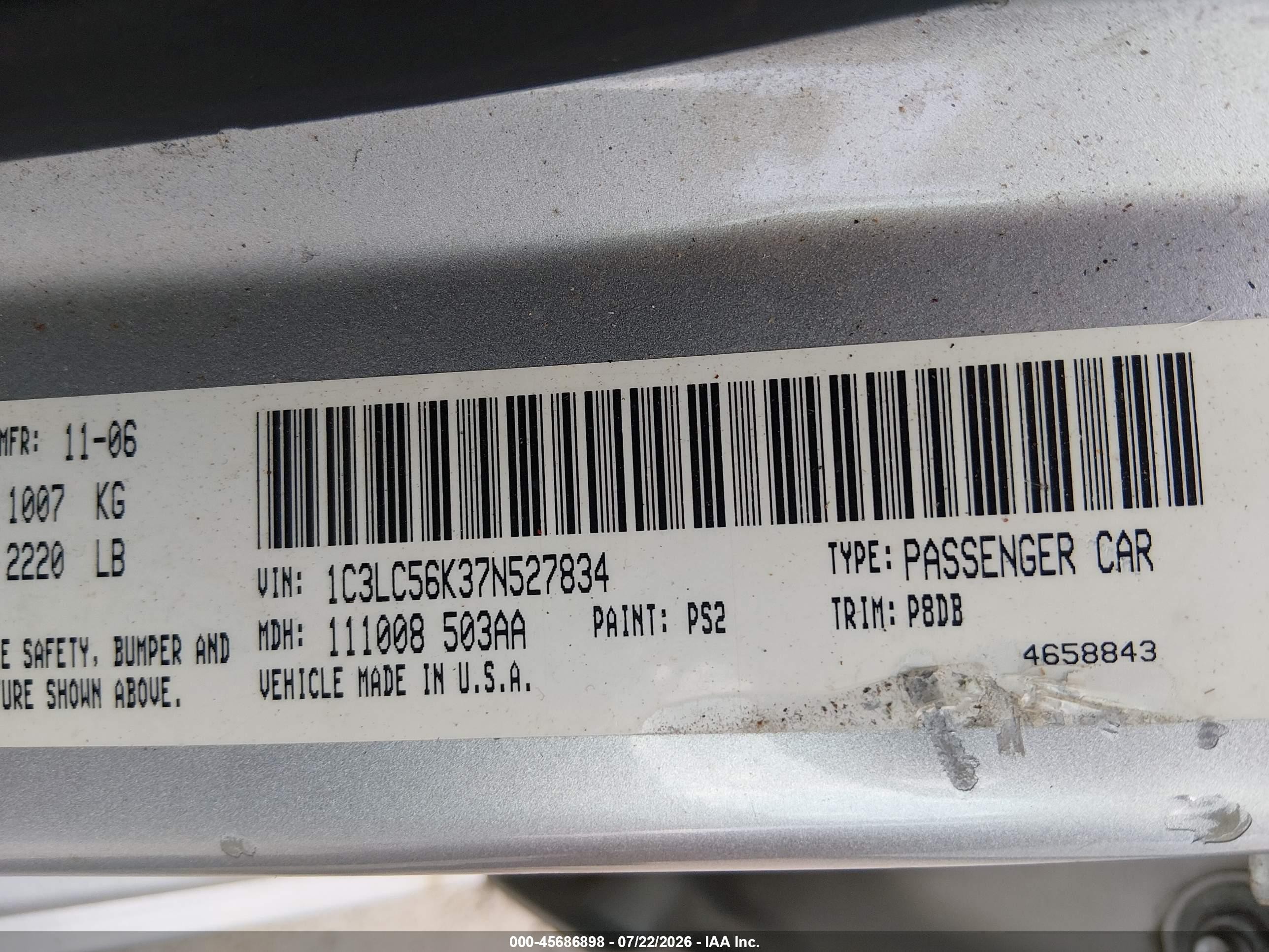 2007 Chrysler Sebring Touring Silver vin: 1C3LC56K37N527834
