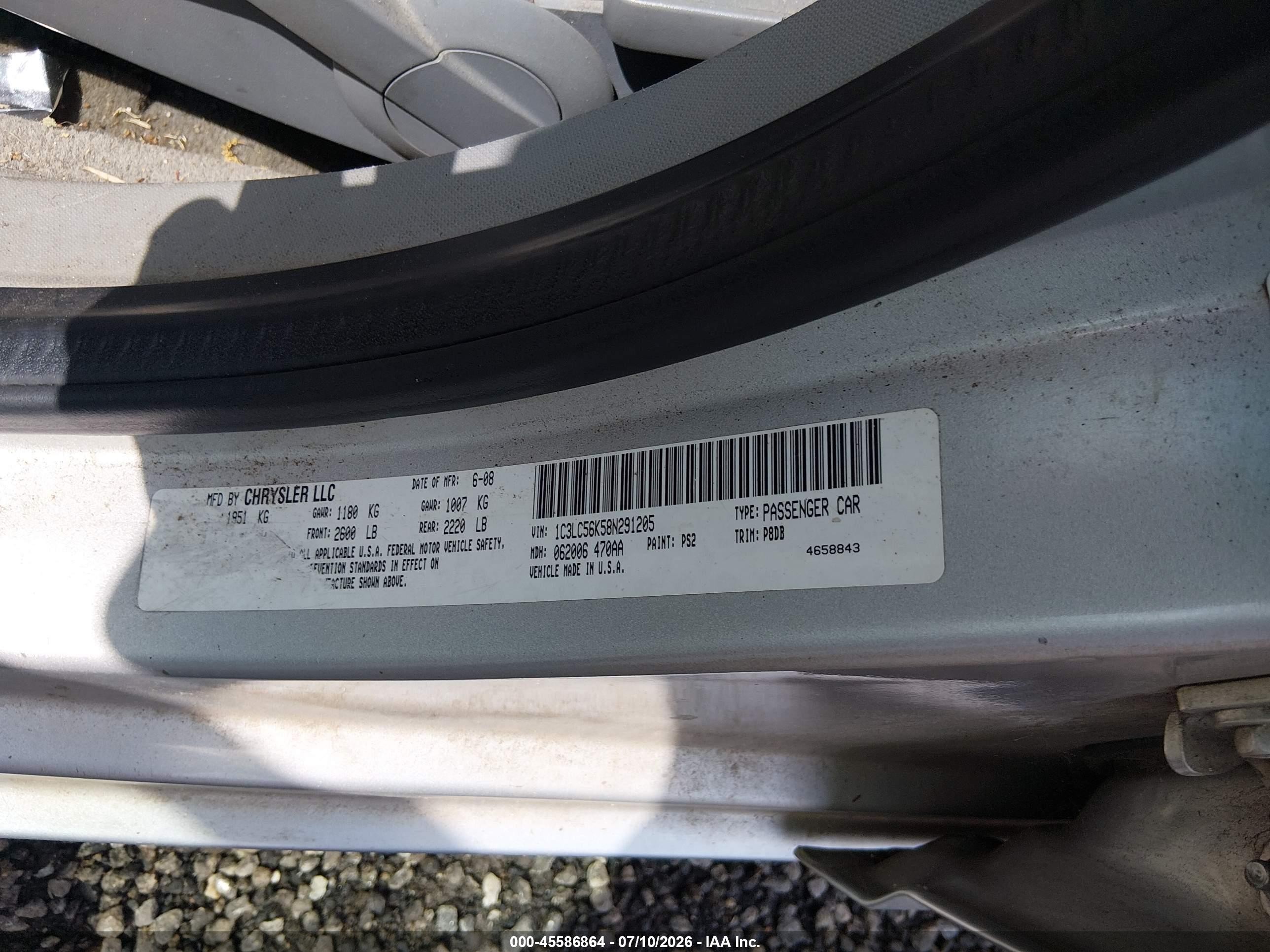 2008 Chrysler Sebring Touring Silver vin: 1C3LC56K58N291205