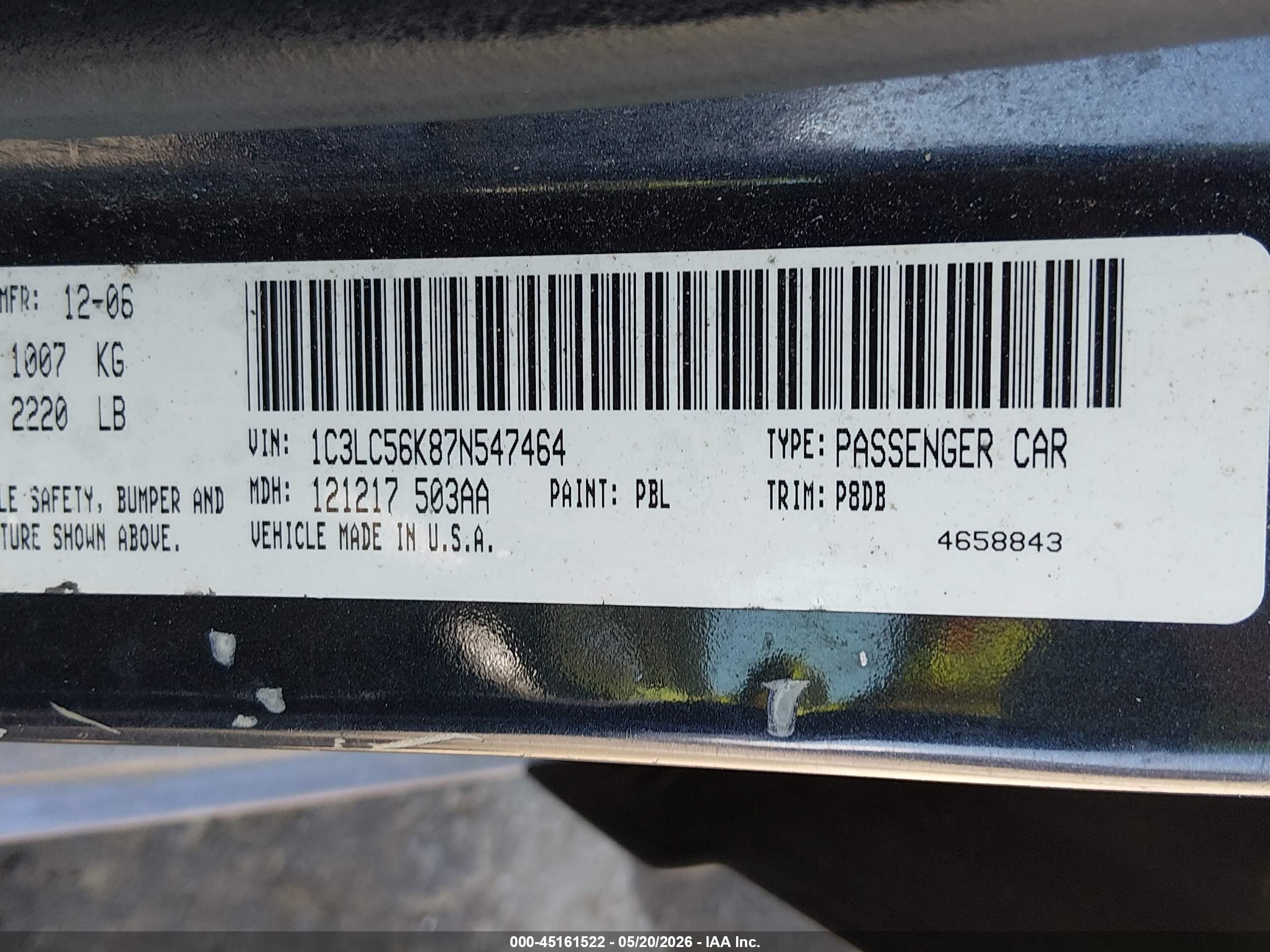 2007 Chrysler Sebring Touring Navy vin: 1C3LC56K87N547464