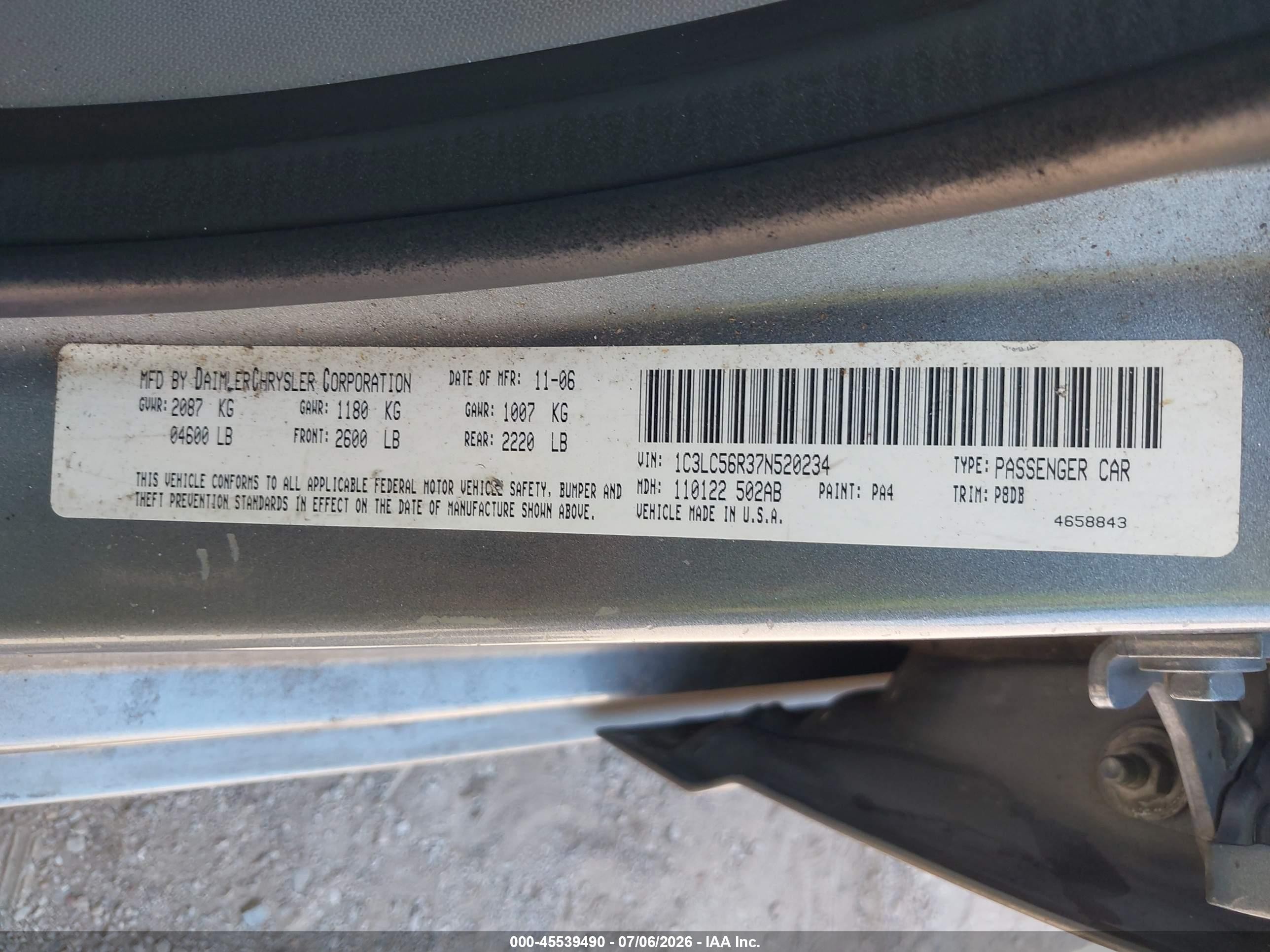2007 Chrysler Sebring Touring Light Blue vin: 1C3LC56R37N520234