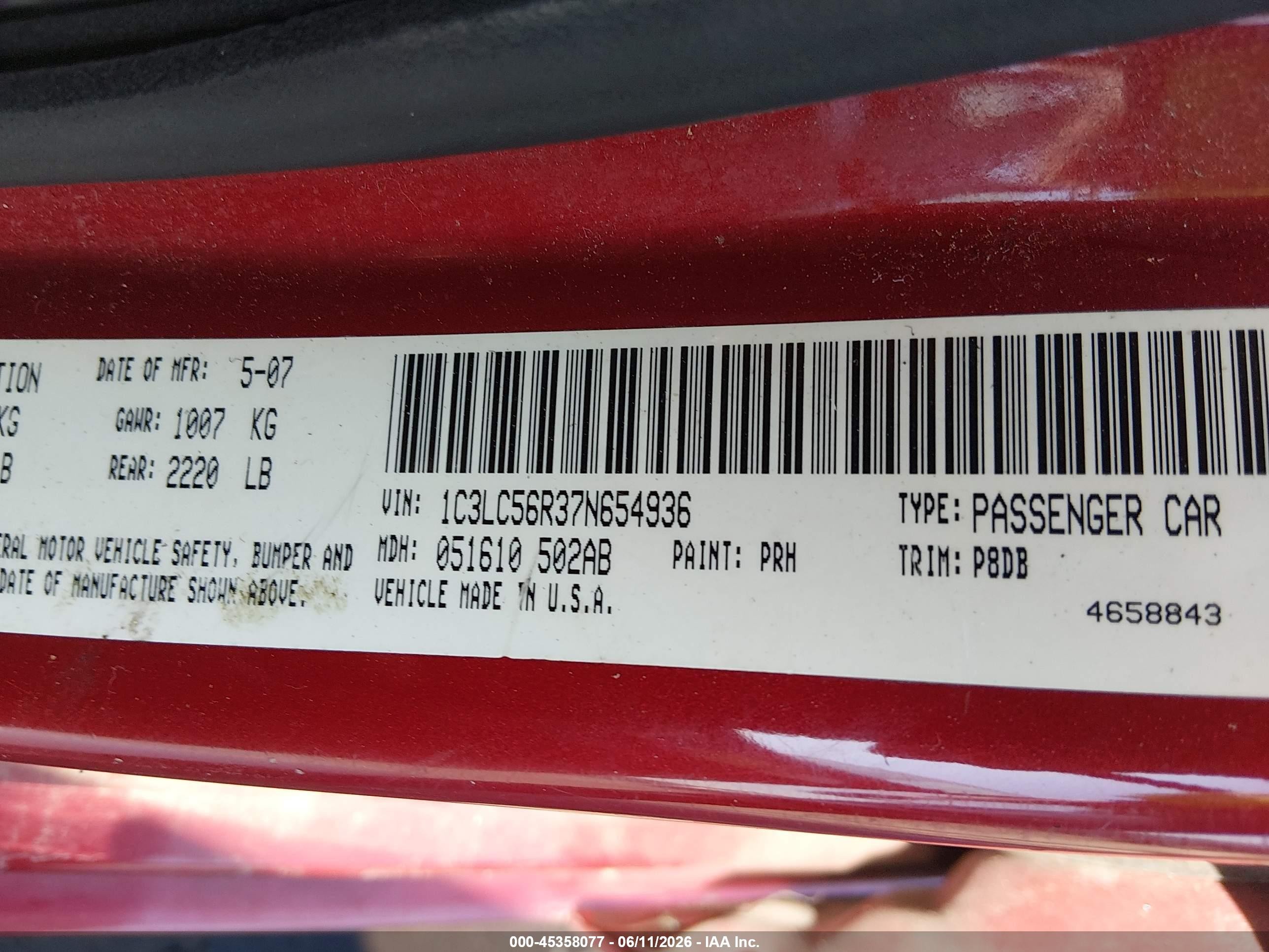 2007 Chrysler Sebring Touring Red vin: 1C3LC56R37N654936