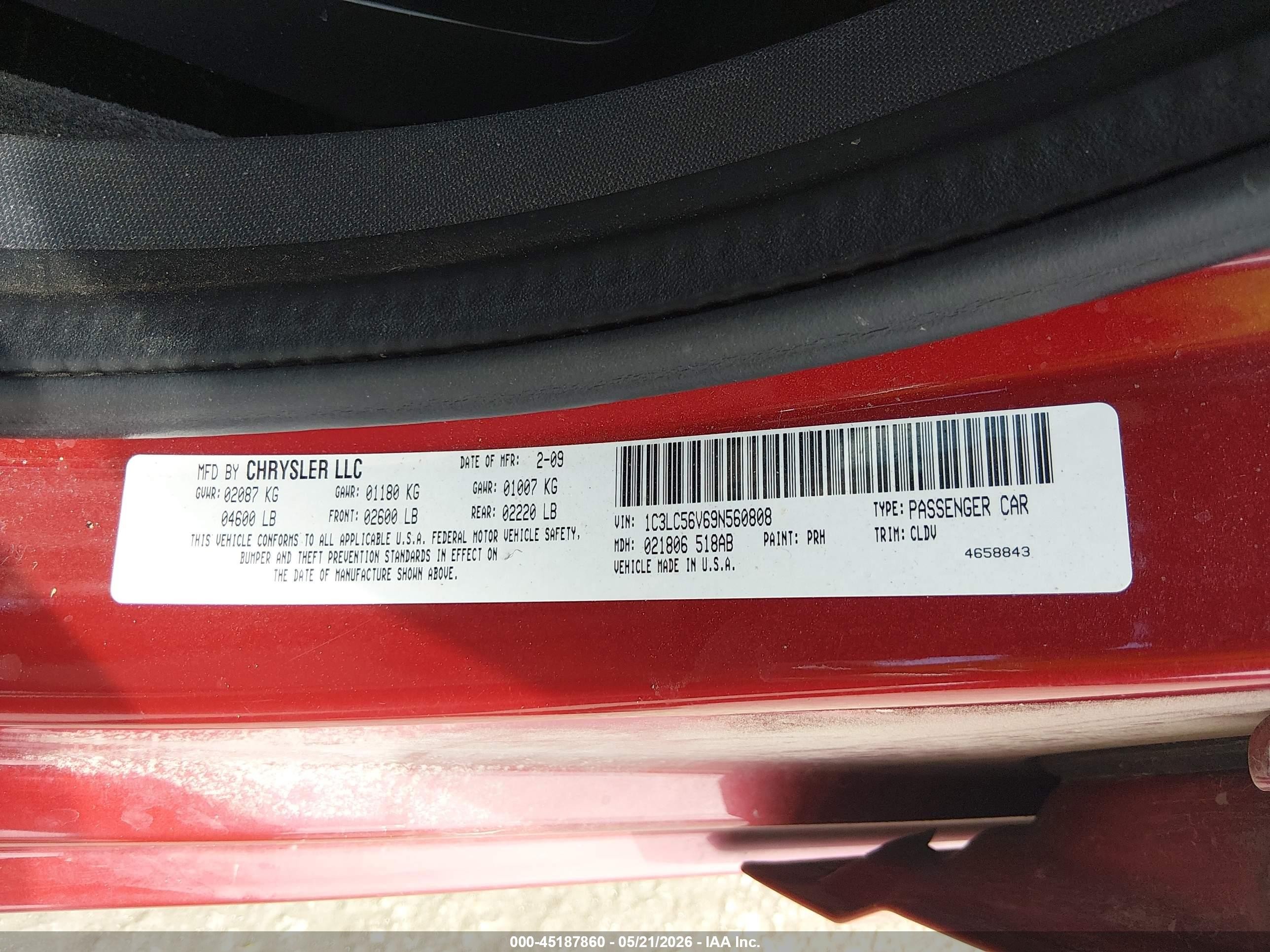 2009 Chrysler Sebring Limited Red vin: 1C3LC56V69N560808