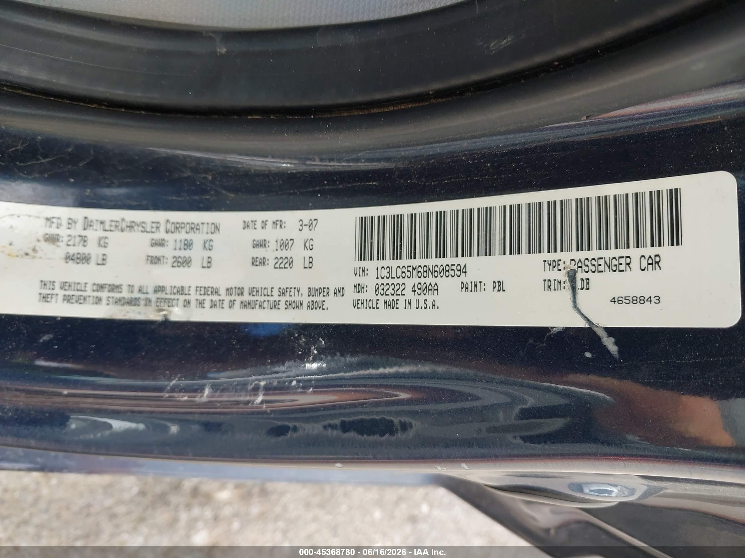 2008 Chrysler Sebring Limited Blue vin: 1C3LC65M68N608594