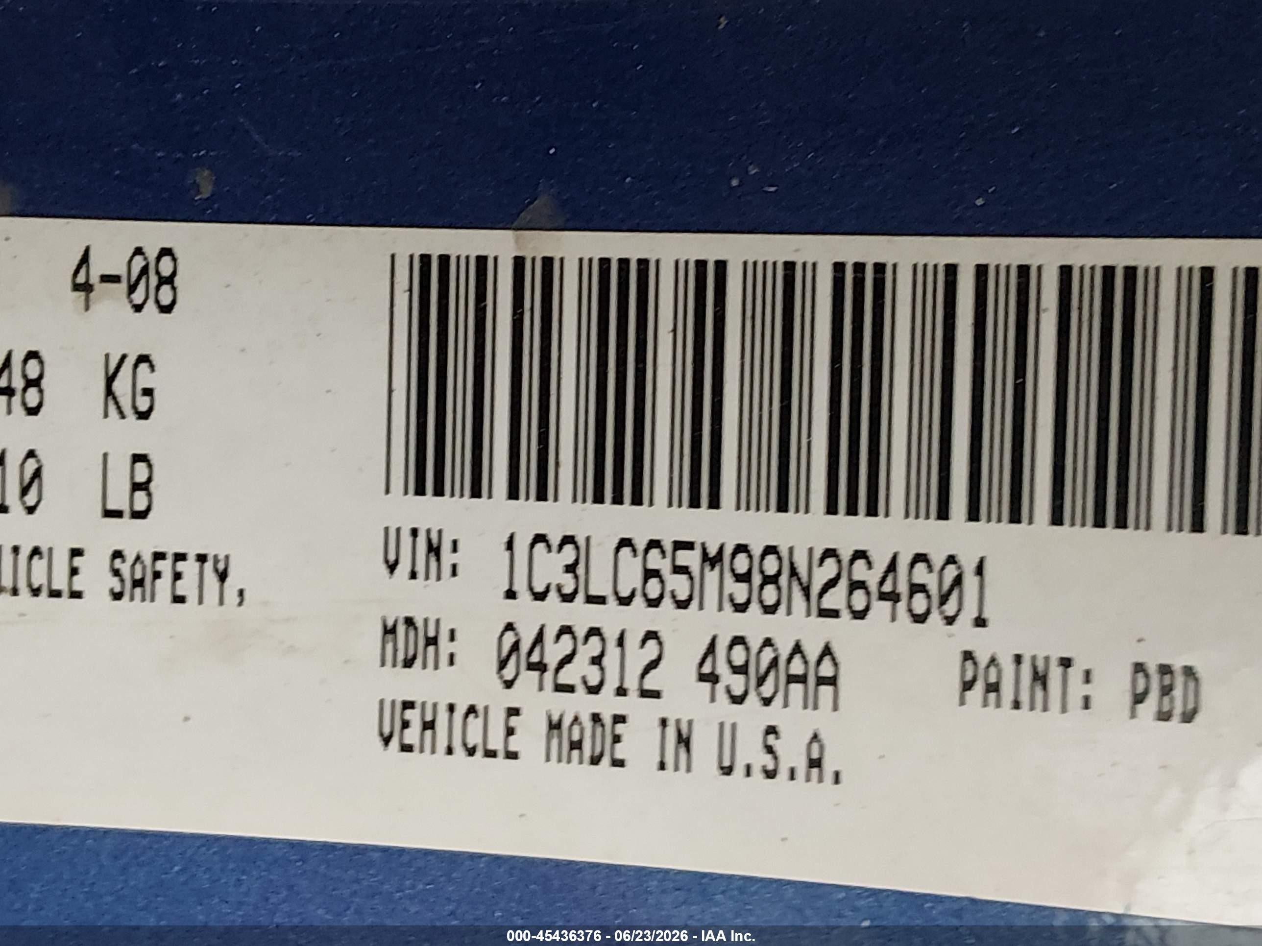 2008 Chrysler Sebring Limited Blue vin: 1C3LC65M98N264601