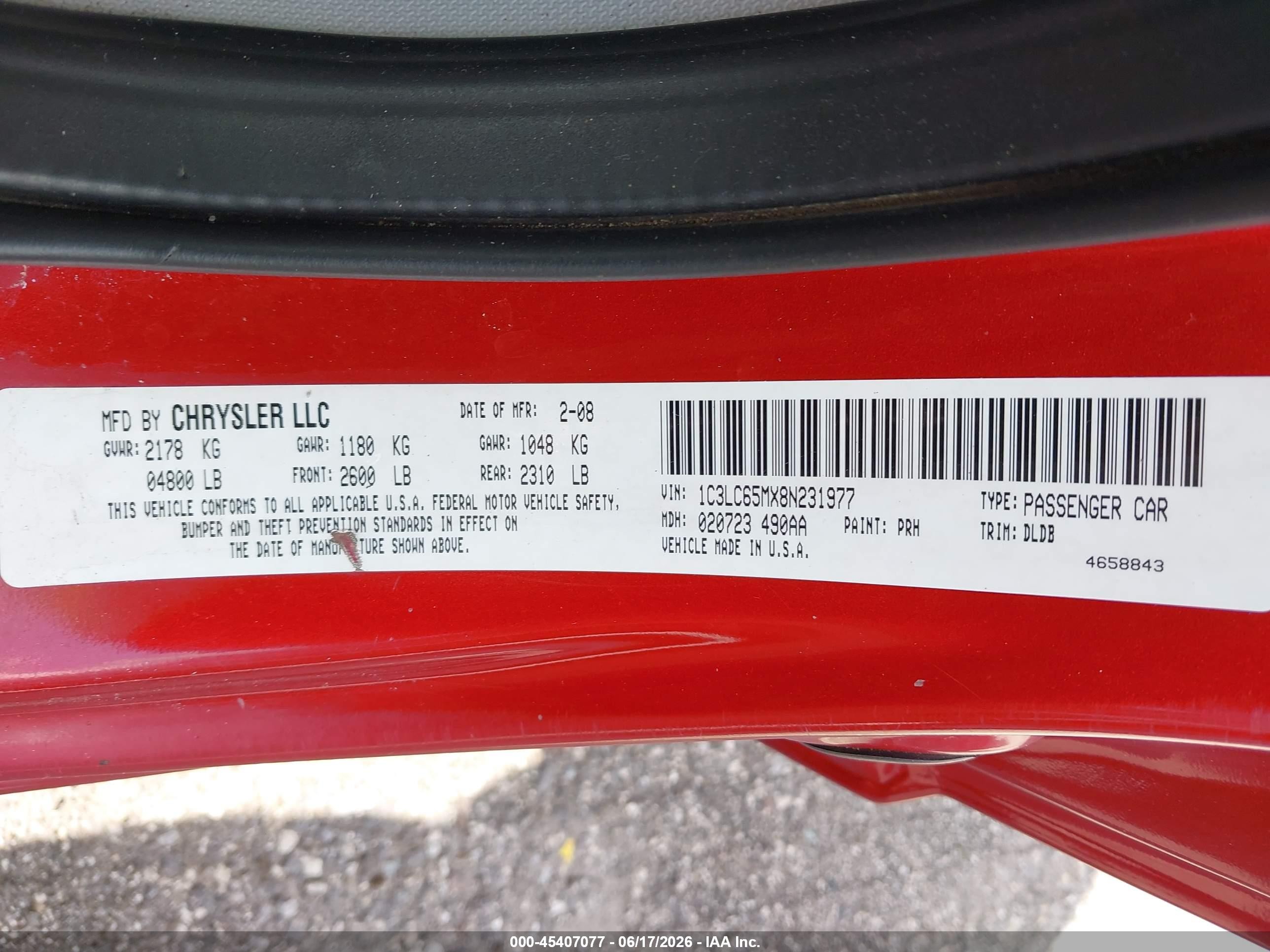 2008 Chrysler Sebring Limited Red vin: 1C3LC65MX8N231977