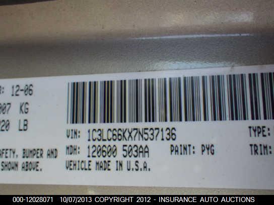2007 Chrysler Sebring Limited vin: 1C3LC66KX7N537136