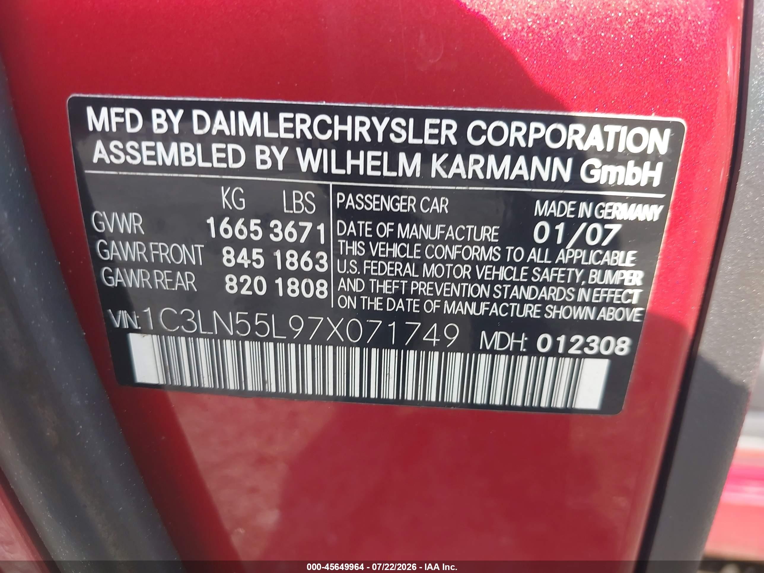 2007 Chrysler Crossfire   Red vin: 1C3LN55L97X071749