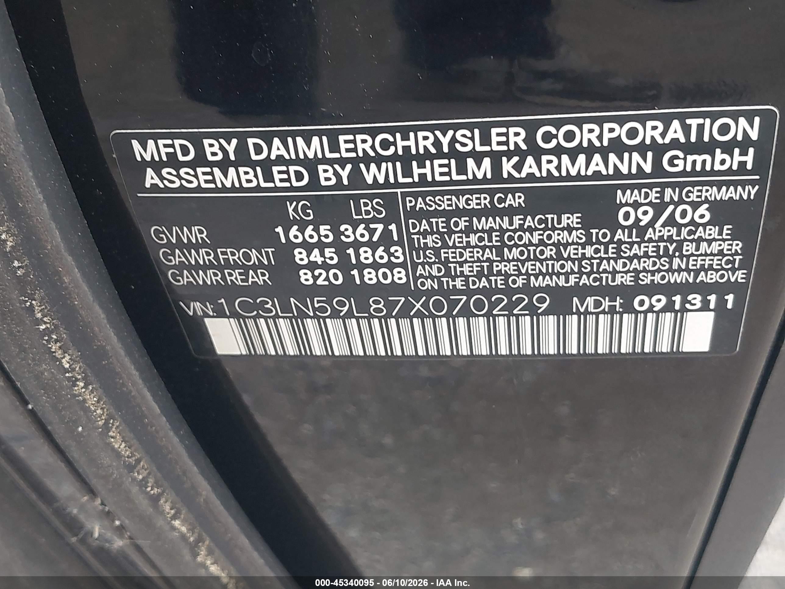2007 Chrysler Crossfire   Черный vin: 1C3LN59L87X070229