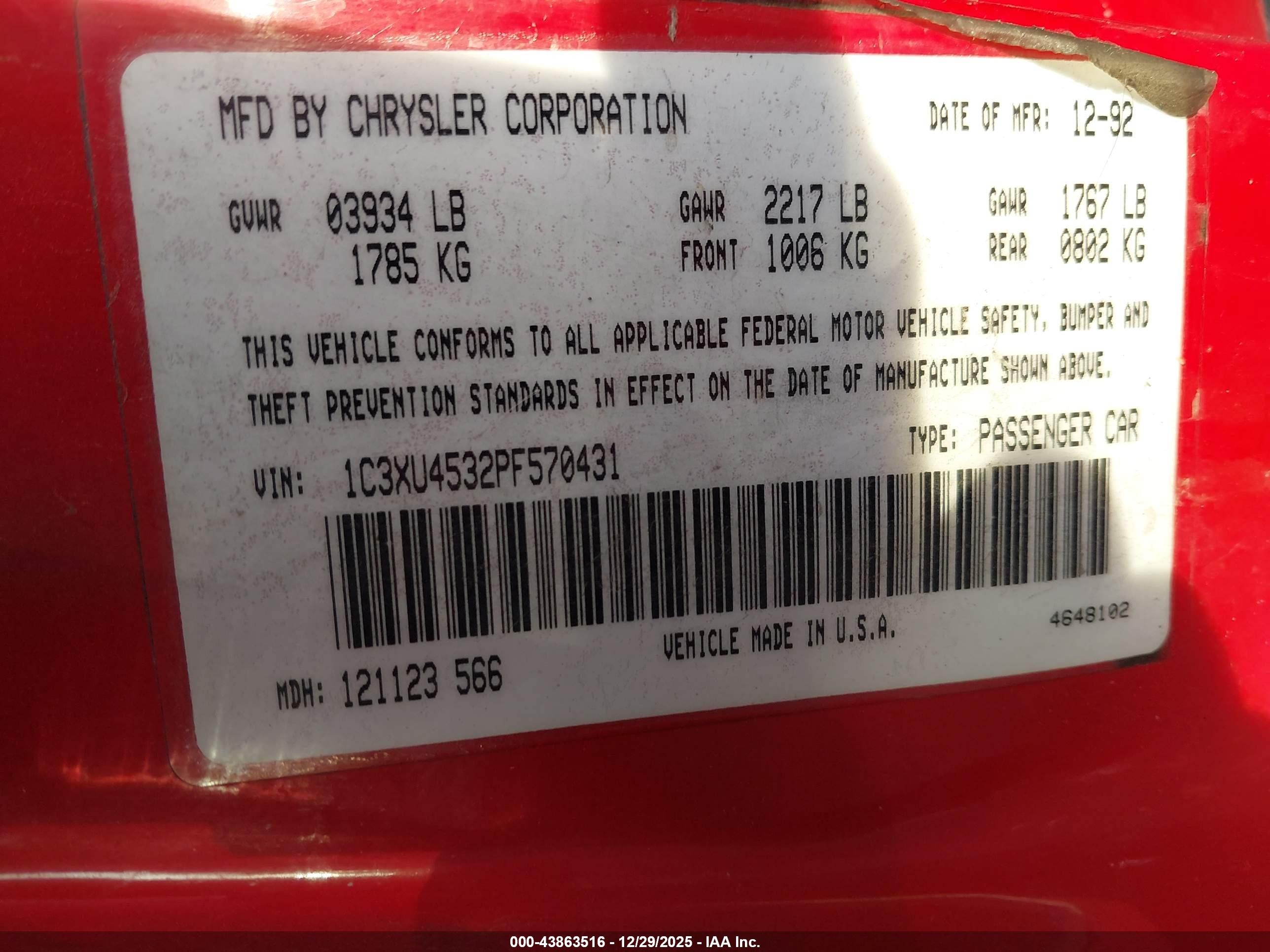 1993 Chrysler Lebaron   Red vin: 1C3XU4532PF570431