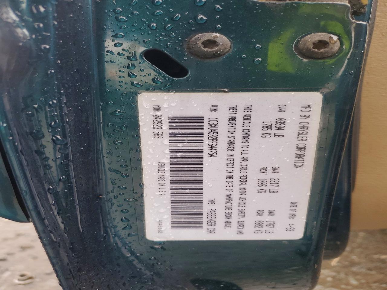1993 Chrysler Lebaron Green vin: 1C3XU4532PF644754