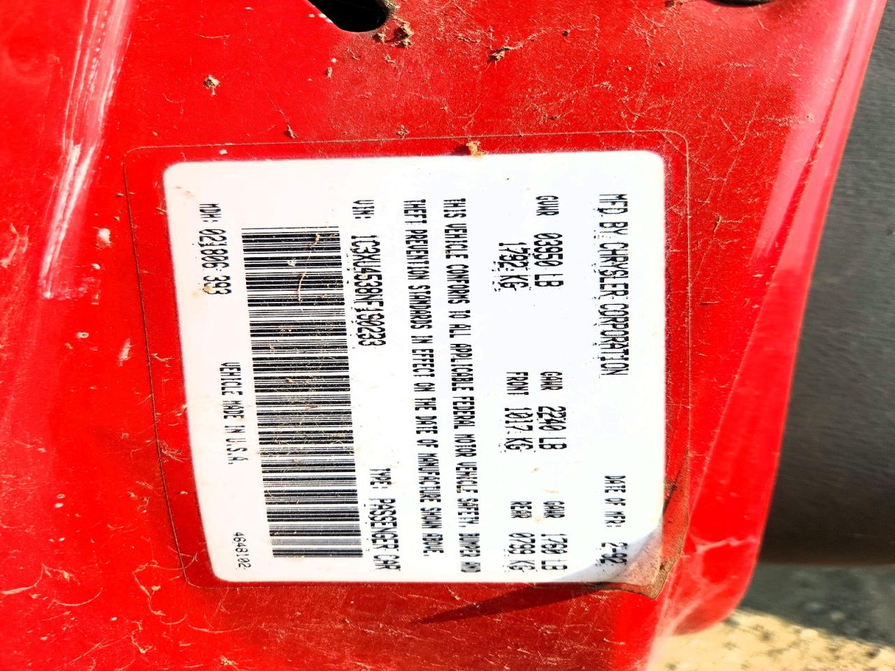 1992 Chrysler Lebaron Red vin: 1C3XU4538NF190233