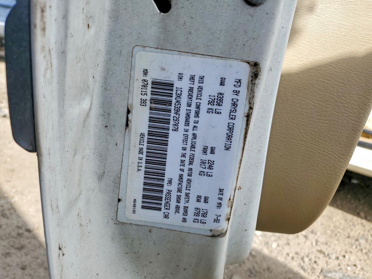 1992 Chrysler Lebaron White vin: 1C3XU4539NF297078