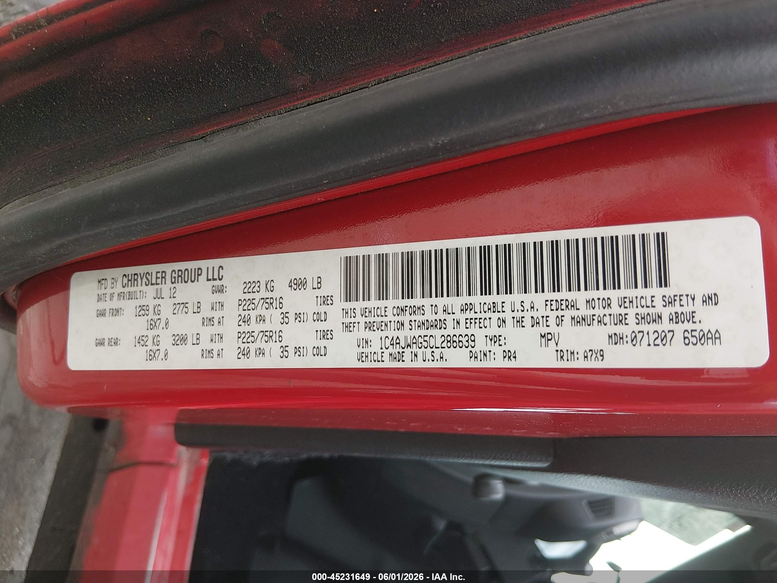 2012 Jeep Wrangler Sport Red vin: 1C4AJWAG5CL286639