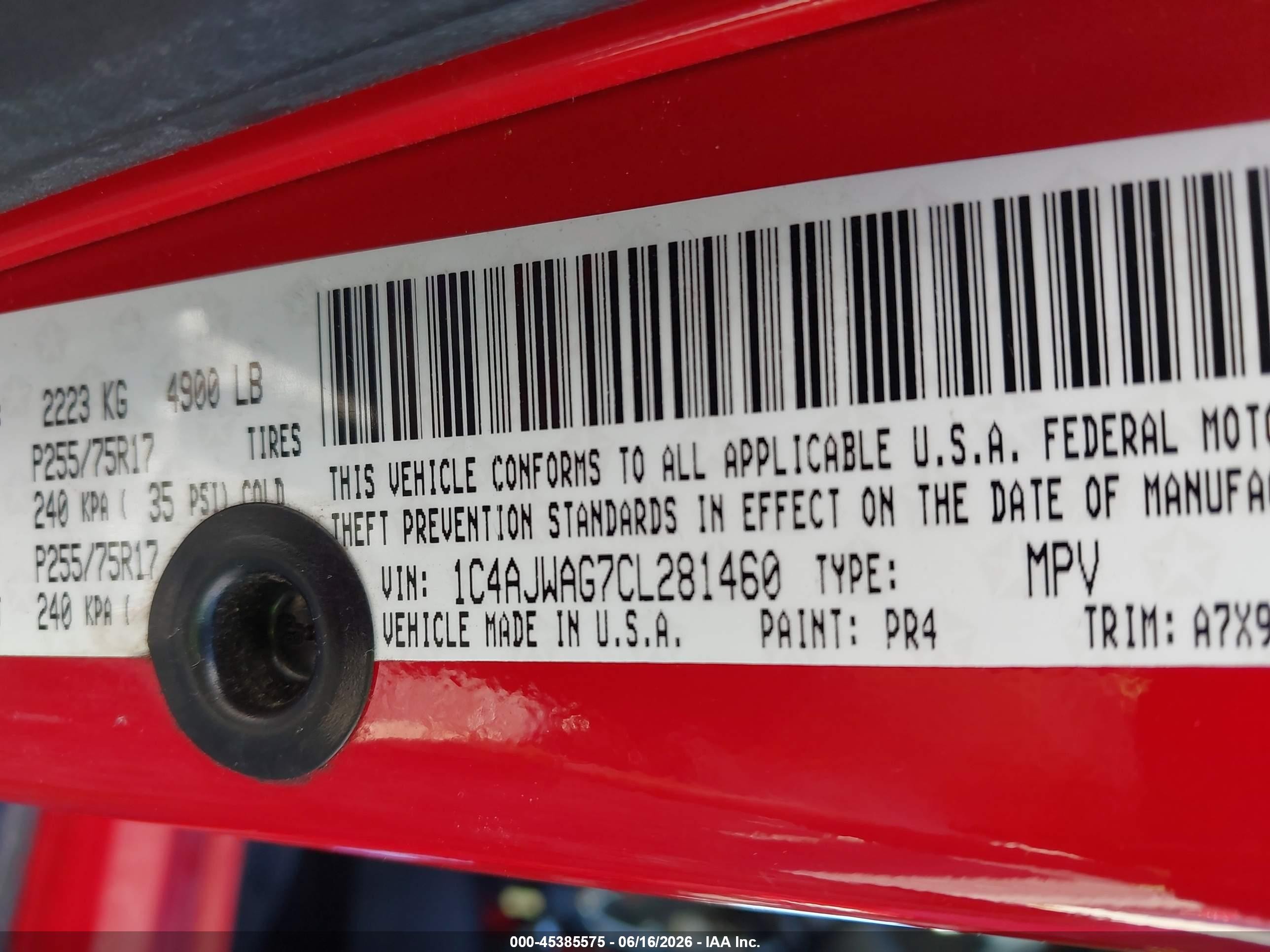 2012 Jeep Wrangler Sport Red vin: 1C4AJWAG7CL281460