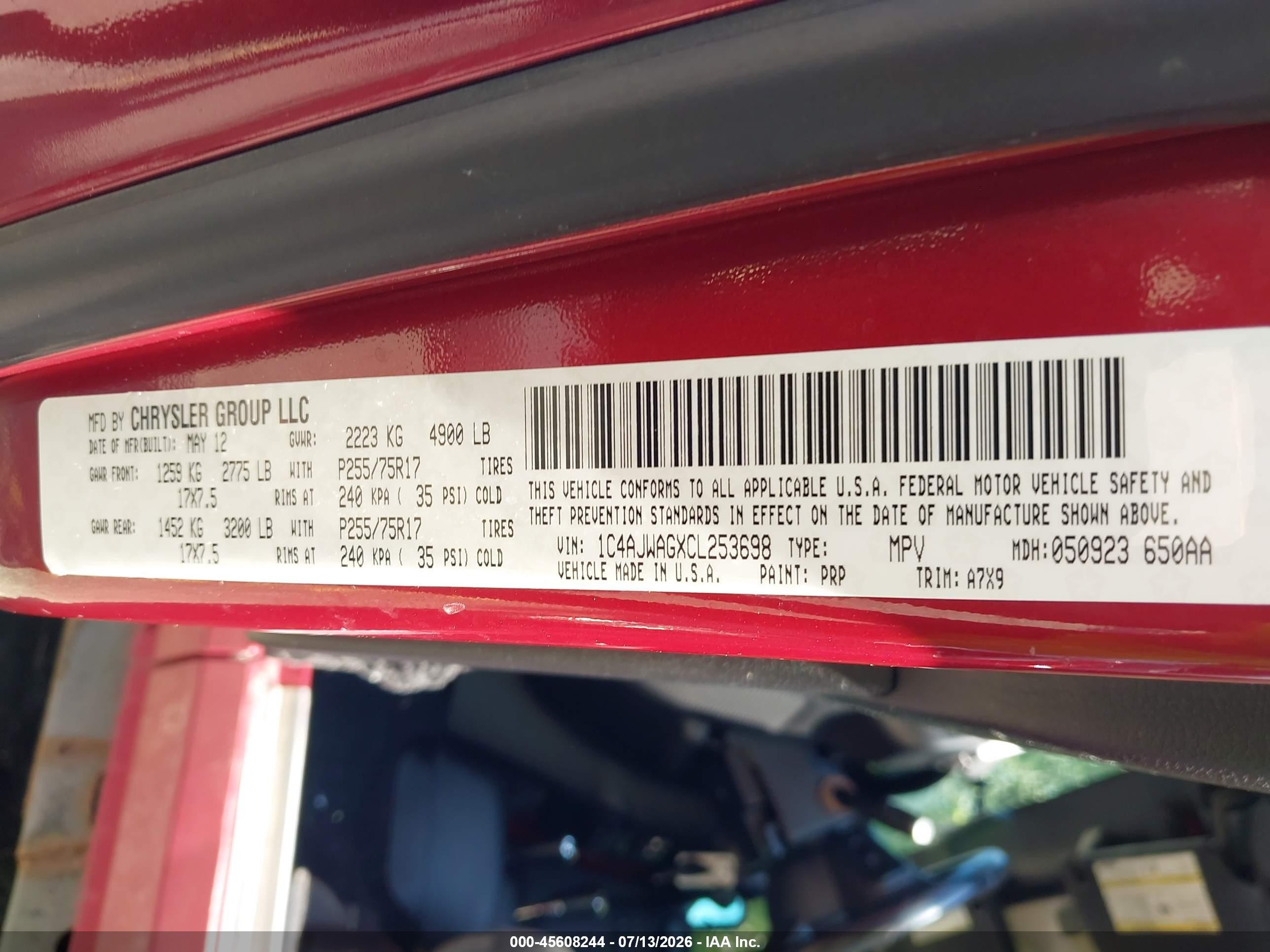 2012 Jeep Wrangler Sport Burgundy vin: 1C4AJWAGXCL253698