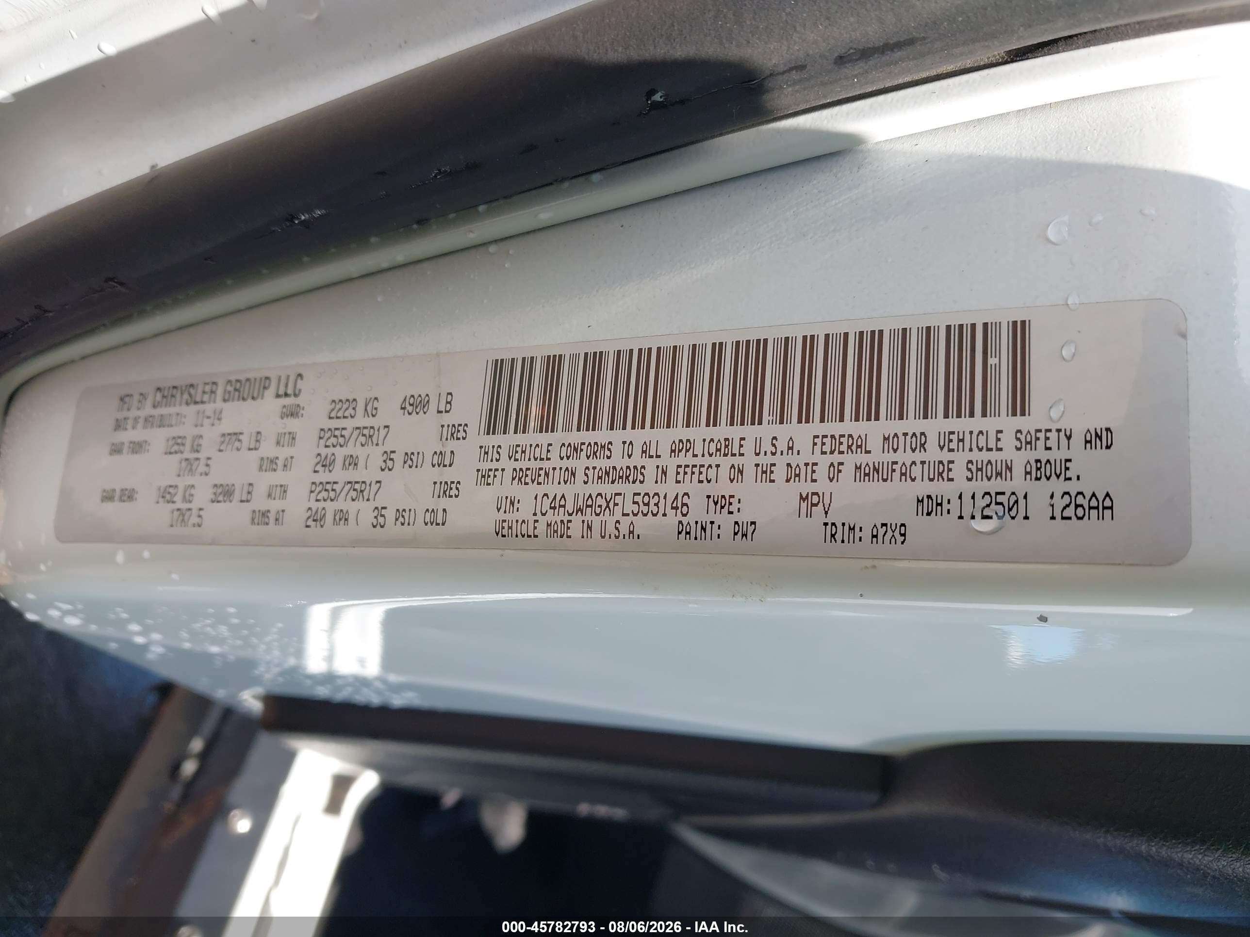 2015 Jeep Wrangler Sport Белый vin: 1C4AJWAGXFL593146