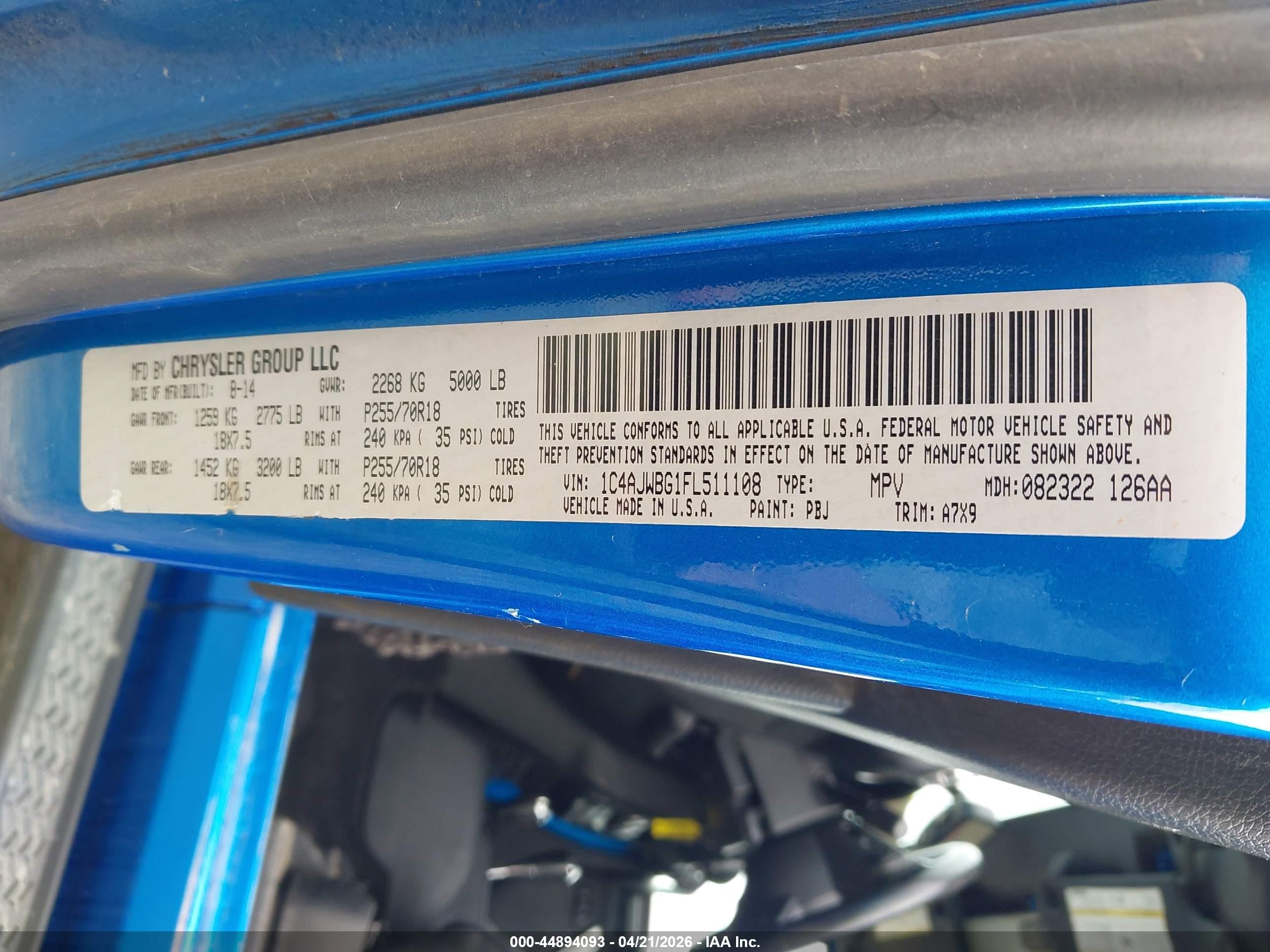 2015 Jeep Wrangler Sahara Blue vin: 1C4AJWBG1FL511108