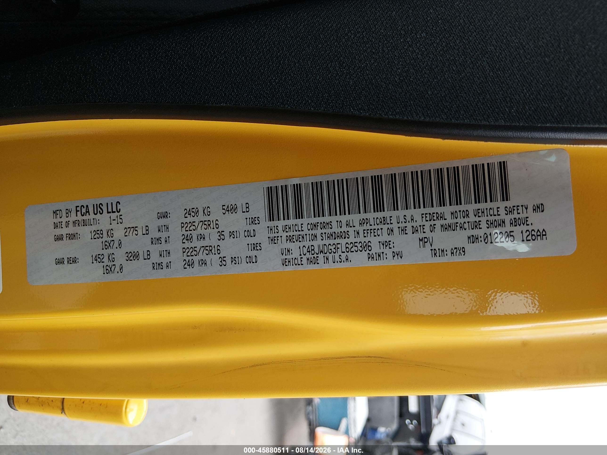 2015 Jeep Wrangler Unlimited Sport Yellow vin: 1C4BJWDG3FL625306